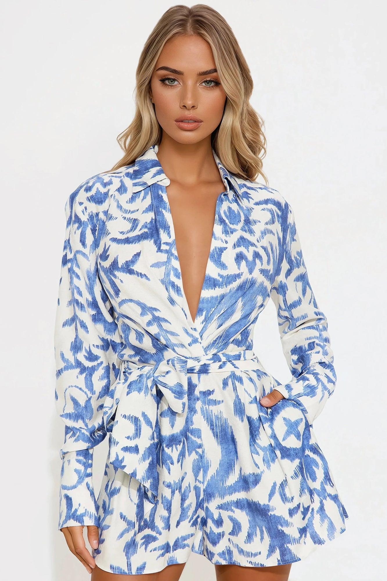 Charlene Printed Linen Long Sleeve Romper - Blue/combo Product Image