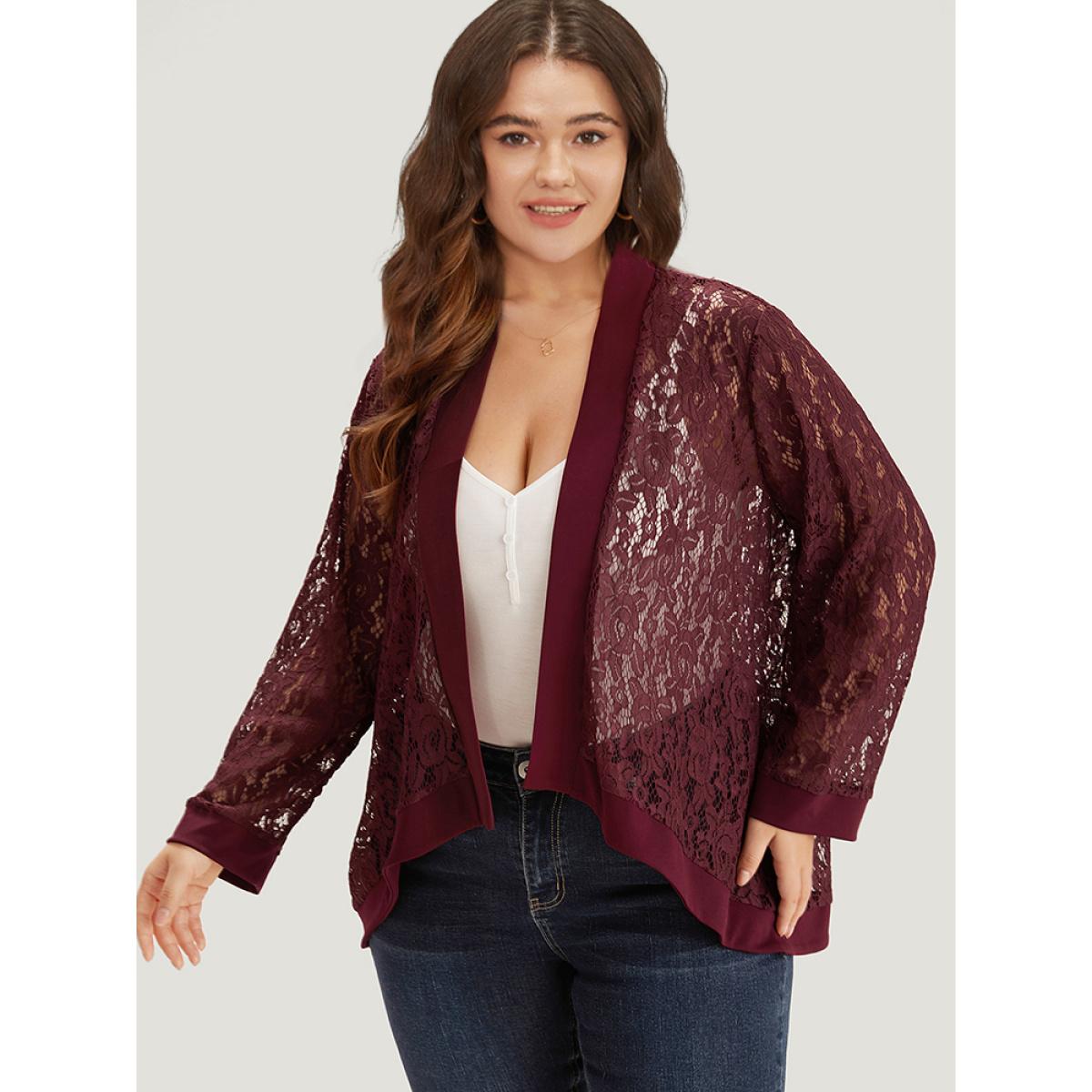 Plus Size Supersoft Essentials Crochet Lace Mesh Open Front Asymmetrical Hem Kimono Women Scarlet Casual Patchwork Loose Dailywear Kimonos BloomChic 26/4X Product Image