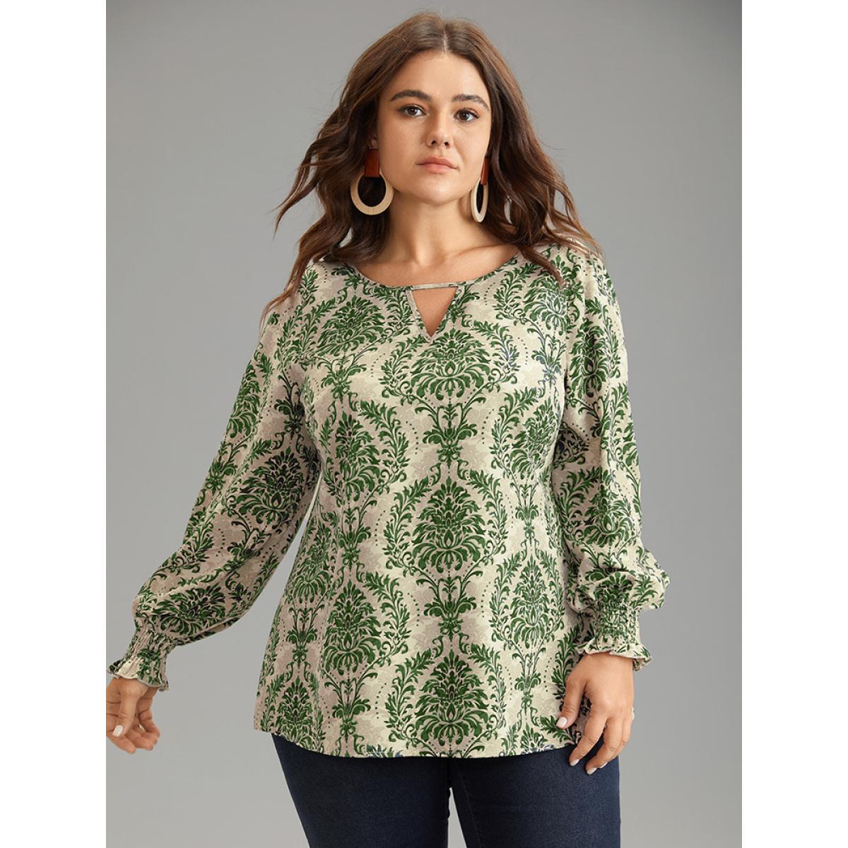 Plus Size Green Bandana Print Keyhole Shirred Lantern Sleeve Blouse Women Vacation Long Sleeve Keyhole Cut-Out Vacation Blouses BloomChic 14-16/1X Product Image