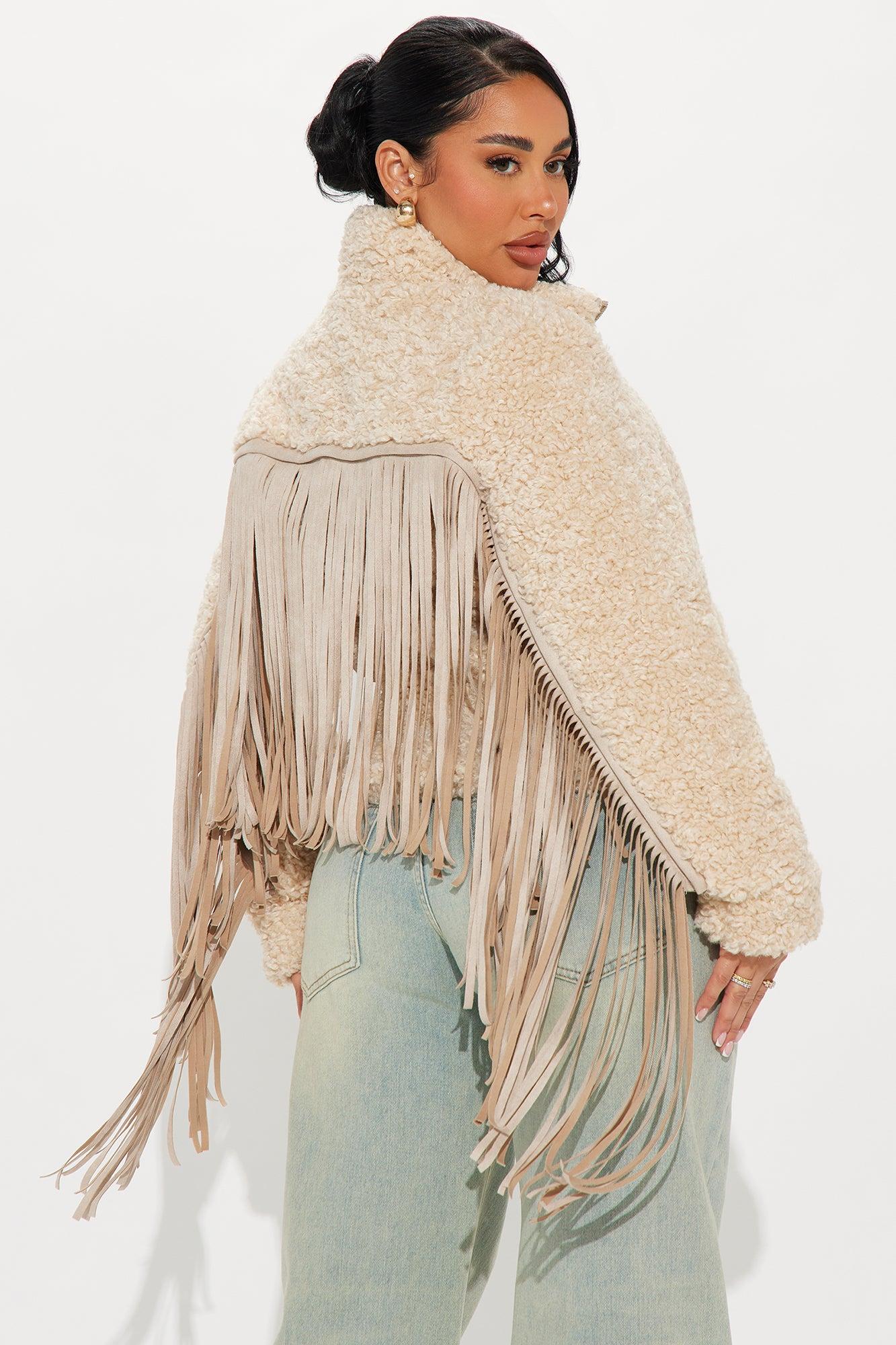 Cozy Out West Sherpa Fringe Coat - Cream Product Image