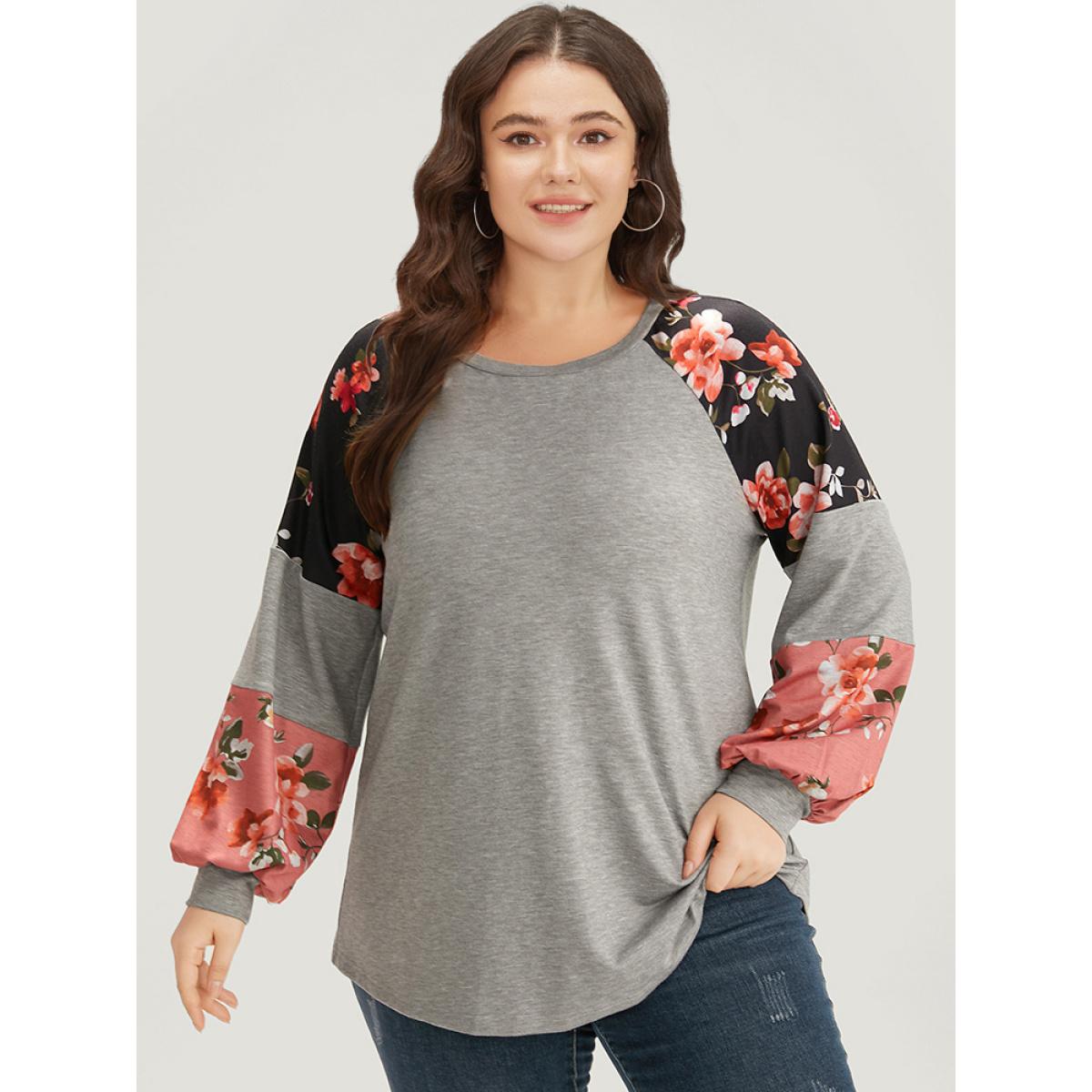 Plus Size Colorblock Contrast Floral Crew Neck Raglan Sleeve Sweatshirt Women Gray Casual Elastic cuffs Round Neck Dailywear Sweatshirts BloomChic 30/6X Product Image