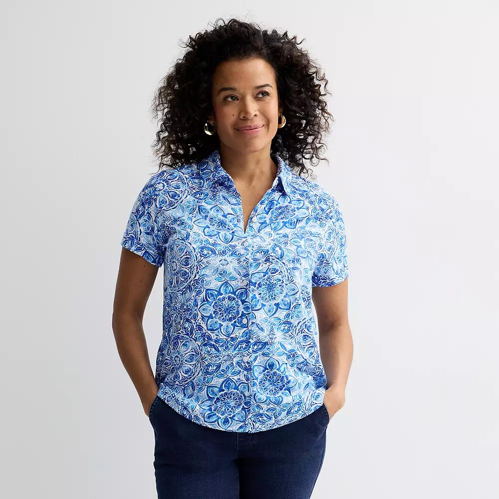 Women's Croft & Barrow® Camp Shirt, Size: XXL, Blue Watercolor Tile Product Image