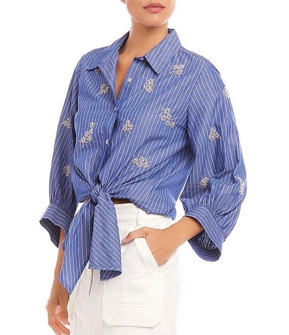 Karen Kane Floral Embroidered Pinstripe Point Collar 3/4 Blouson Sleeve Tie Front Top Product Image