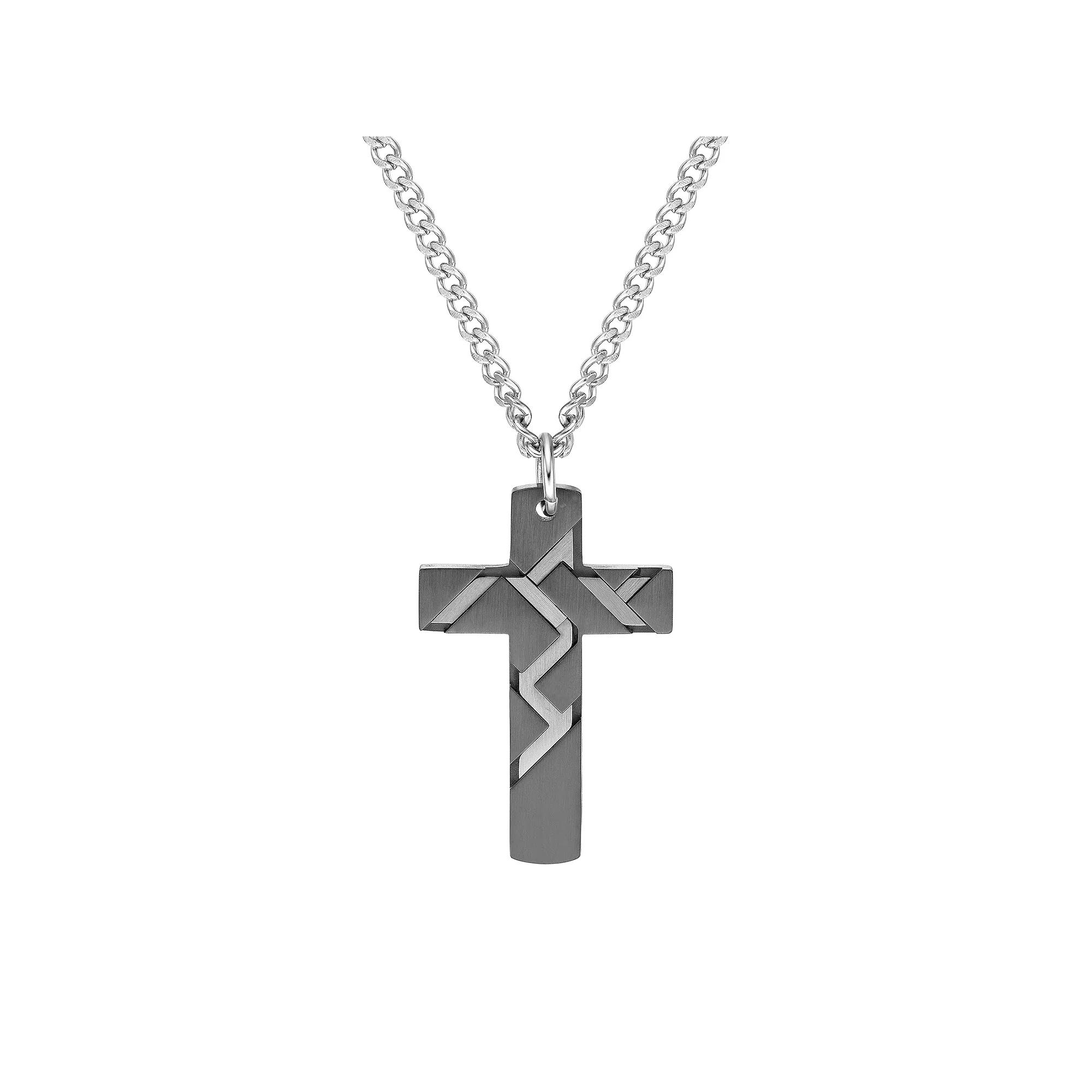 LYNX Mens Black Ion Plated Stainless Steel Cross Pendant Necklace Multi Product Image