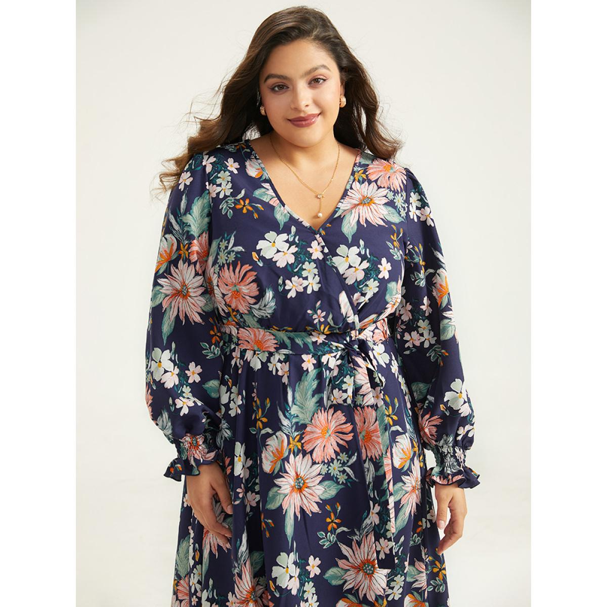 Plus Size Floral Print Overlap Collar Shirred Dress DarkBlue Women Elegant Belted V-neck Long Sleeve Curvy Midi Dress BloomChic 14-16/1X Product Image