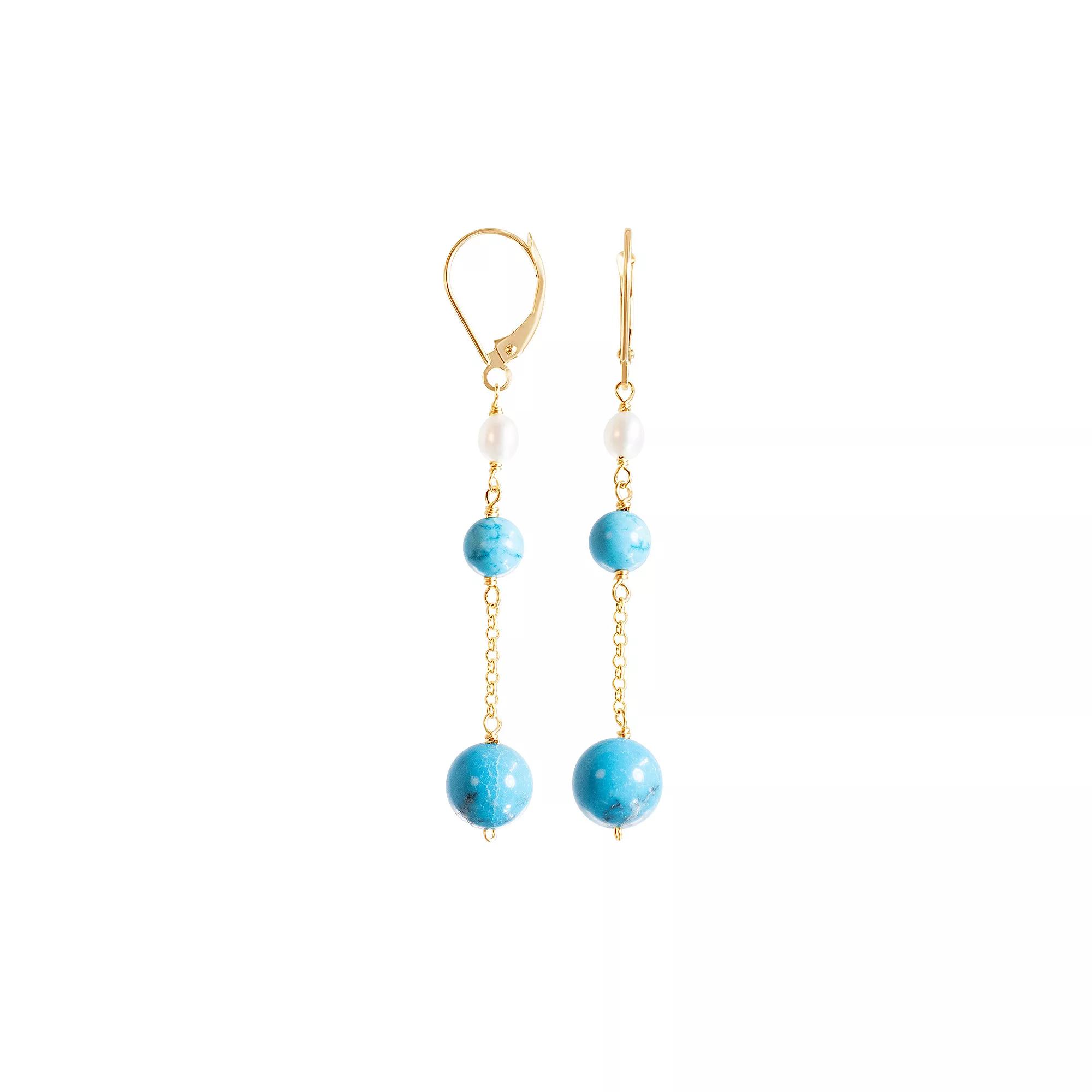 Jewelmak 14k Gold Freshwater Cultured Pearl & Turquoise Dangle Leverback Earrings, Women's Product Image