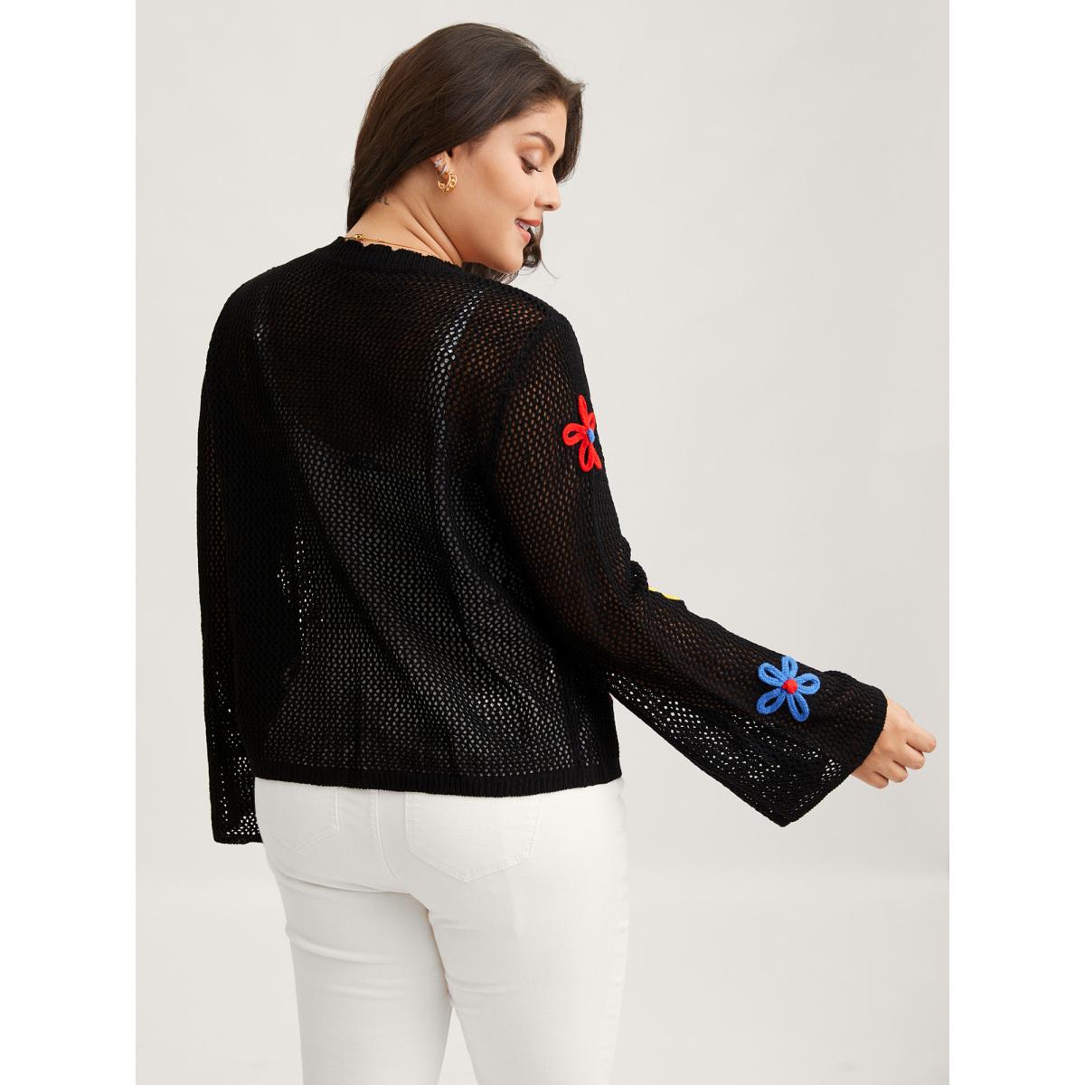 Plus Size Knit Floral Front Tie Cardigan Black Women Playful Loose Long Sleeve Casual Cardigans BloomChic 14-16/1X Product Image