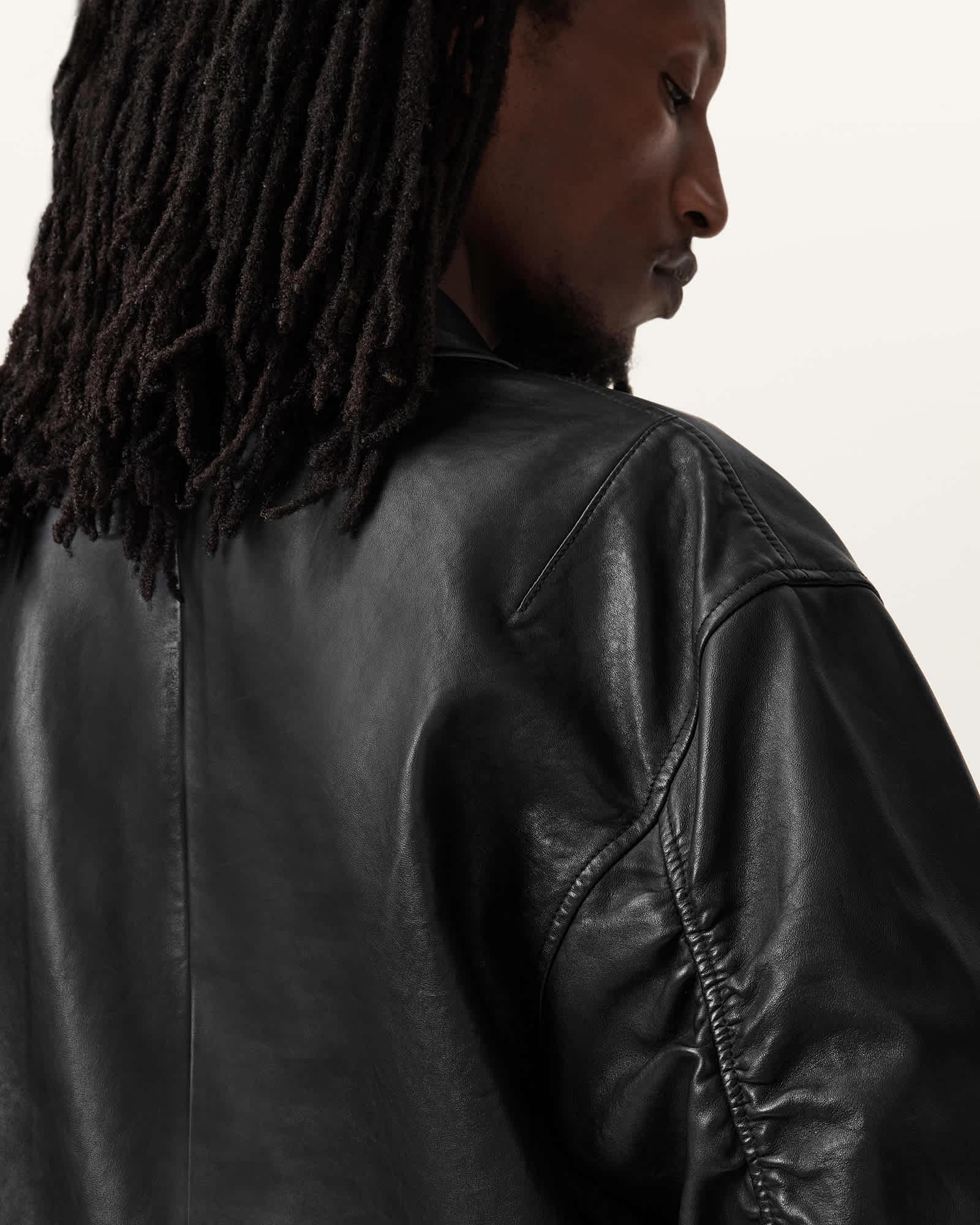 Marco Oversized Leather Bomber Jacket Black | ALLSAINTS US Product Image