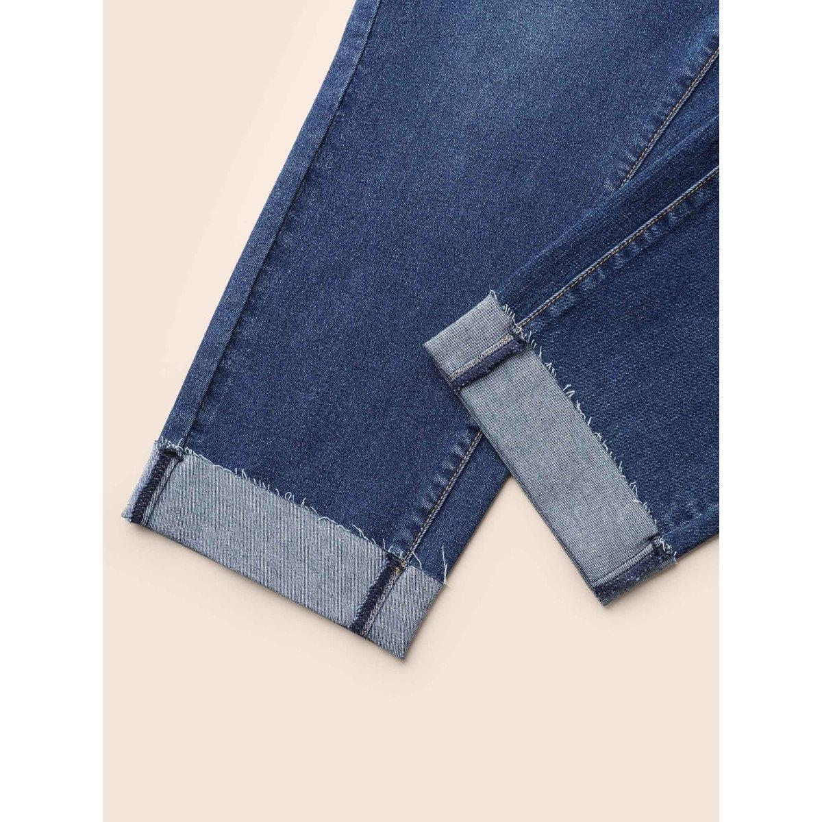 Plus Size Whiskered Rolled Hem Slim-Fit Jeans Women Bluevintage Casual Medium stretch Slanted pocket Jeans BloomChic 26/4X Product Image