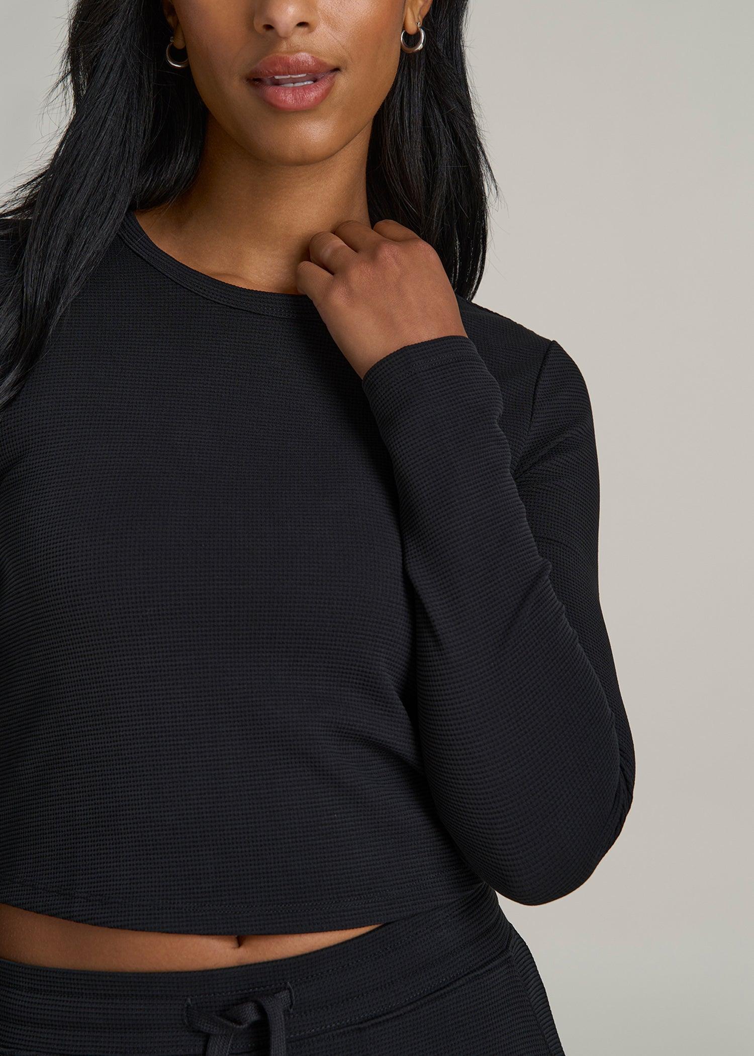 Cropped Long Sleeve Waffle Shirt for Tall Women in Black Female Product Image