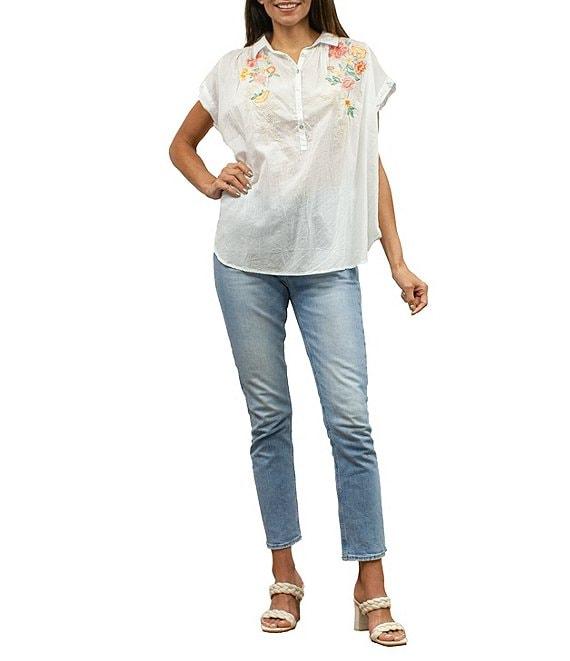 Karyn Seo Anni Cotton Embroidered Point Collar Short Sleeve Blouse Product Image