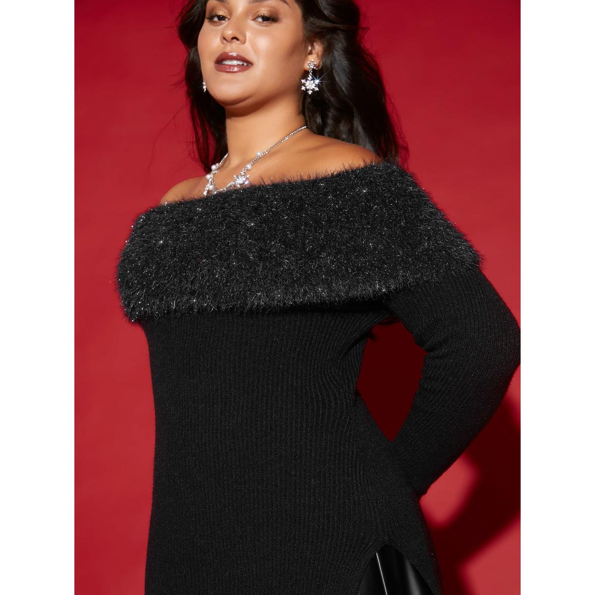 Plus Size Off-Shoulder Silver Threads Detailing Pullover Black Women Cocktail Loose Long Sleeve One-shoulder neck Party Pullovers BloomChic 14-16/1X Product Image