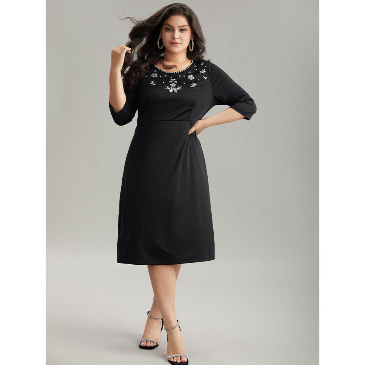 Plus Size Round Neck Sequin Pearl Beaded Dress Black Women Glamour Beaded Round Neck Elbow-length sleeve Curvy Midi Dress BloomChic 14-16/1X Product Image