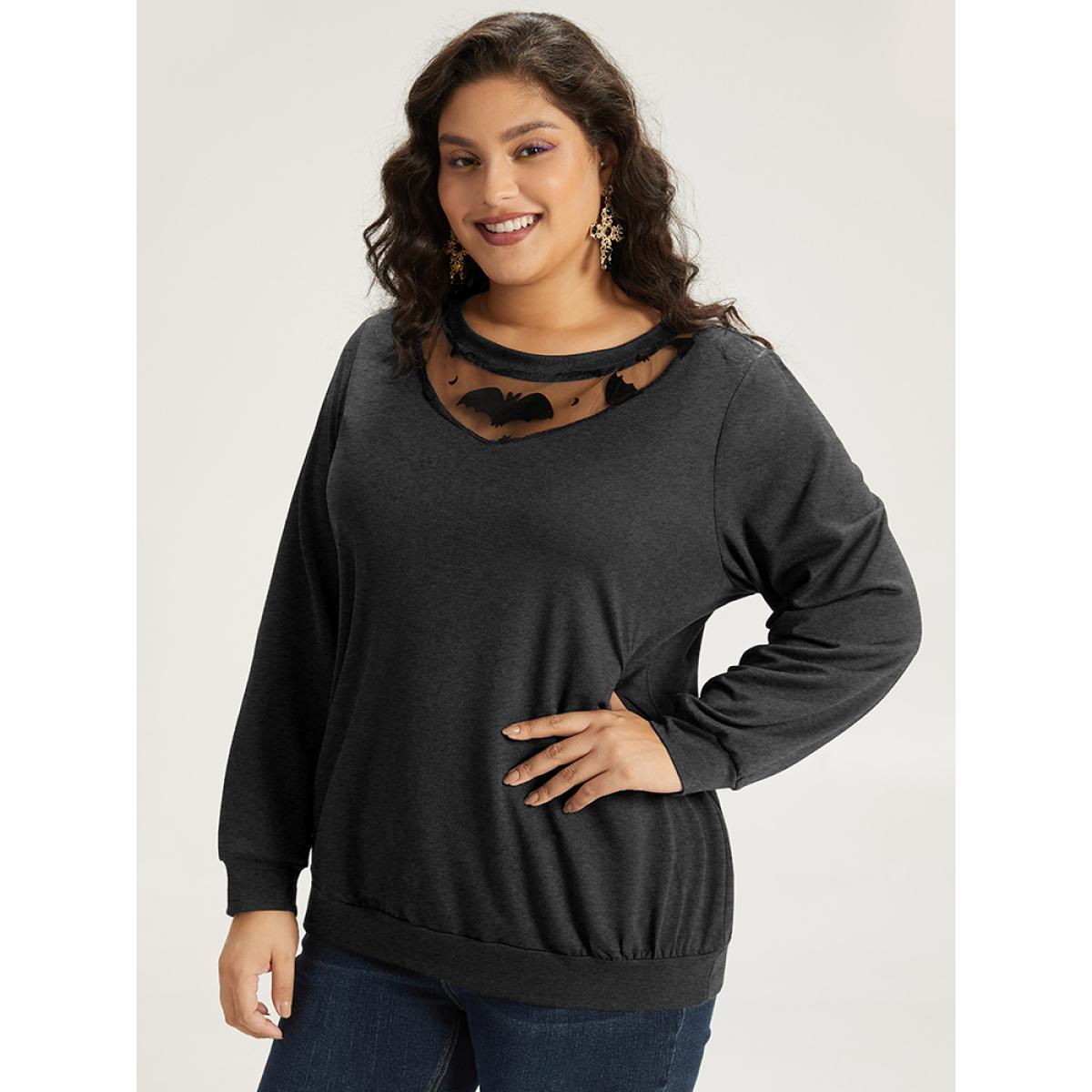 Plus Size Halloween Bat Print Mesh Patchwork Sweatshirt Women Gray Elegant Elastic cuffs Round Neck Festival-Halloween Sweatshirts BloomChic 14-16/1X Product Image
