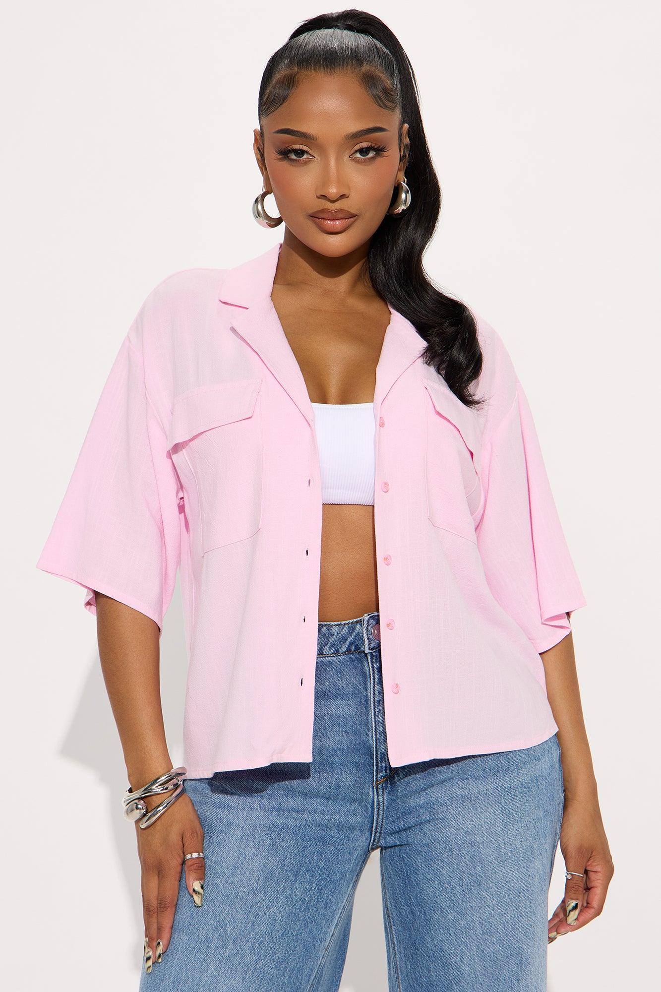 Sand In My Hair Linen Button Up Shirt - Pink Female Product Image