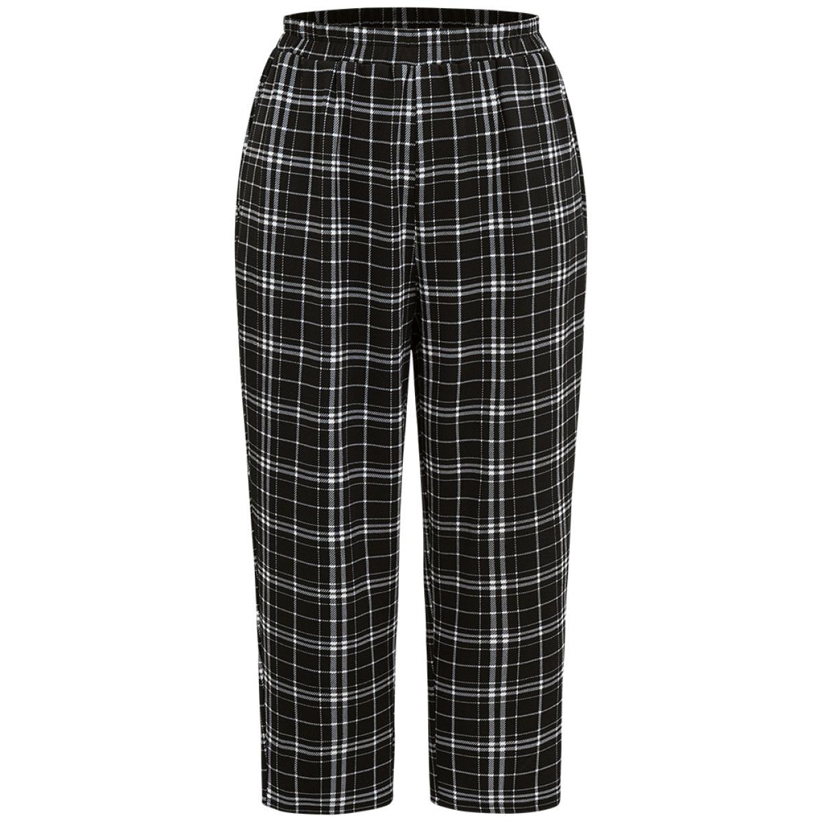 Plus Size Plaid Elastic Waist Straight Leg Pants Women Black Work From Home Straight Leg High Rise Work Pants BloomChic 22-24/3X Product Image