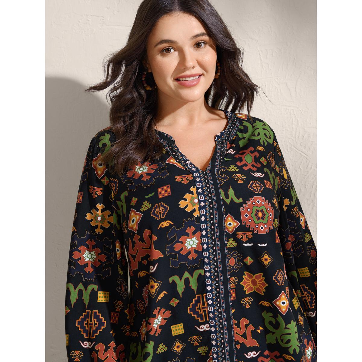Plus Size Black Boho Geometric Pattern Split Neck Blouse Women Boho Long Sleeve Flat collar with V-notch Vacation Blouses BloomChic 10/M Product Image