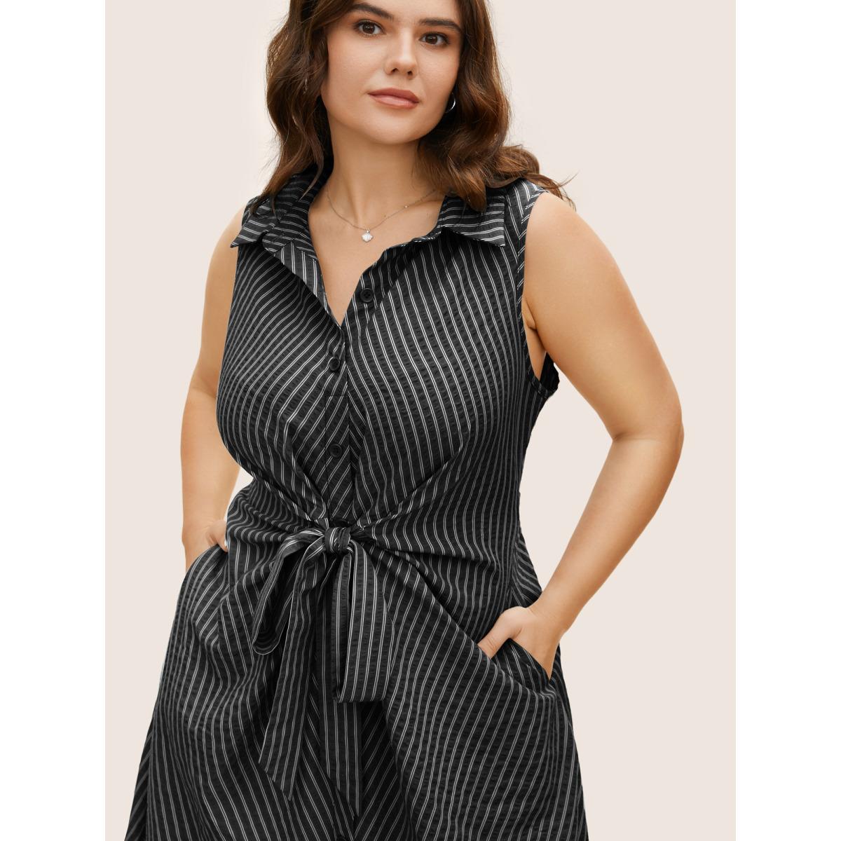 Plus Size Shirt Collar Striped Midi Tank Dress Black Women At the Office Tie knot Shirt collar Sleeveless Curvy BloomChic 26/4X Product Image