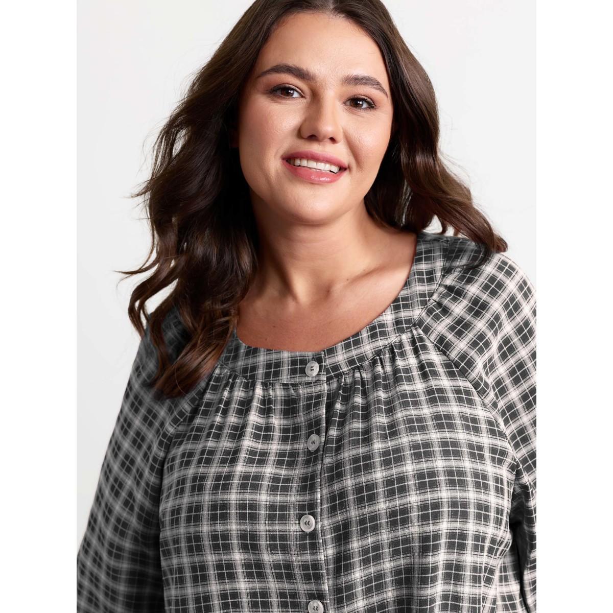 Plus Size Gingham Ruffled Hem Loungewear Set Women BlackFlower Button Extra Long Sleeve Round Neck Leisure Loungewear Sets BloomChic 22-24/3X Product Image