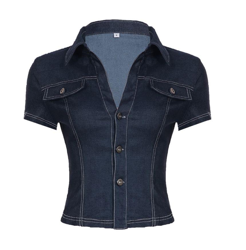 Short-Sleeve V-Neck Contrast Stitching Denim Crop Slim Fit Shirt Product Image