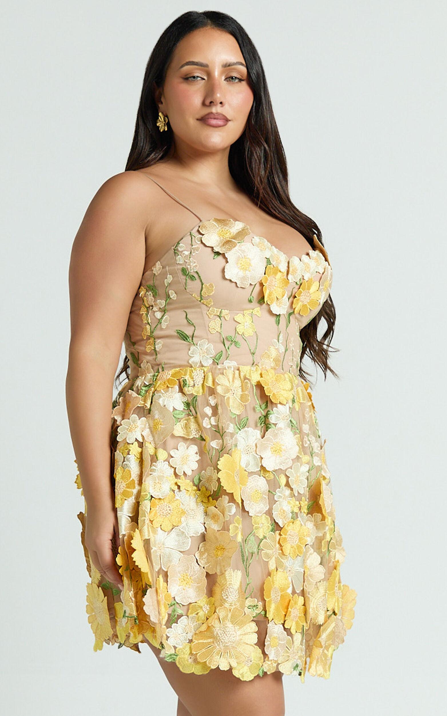 Amalie The Label - Mia Strappy Flower Detail Mini Dress in Yellow Product Image