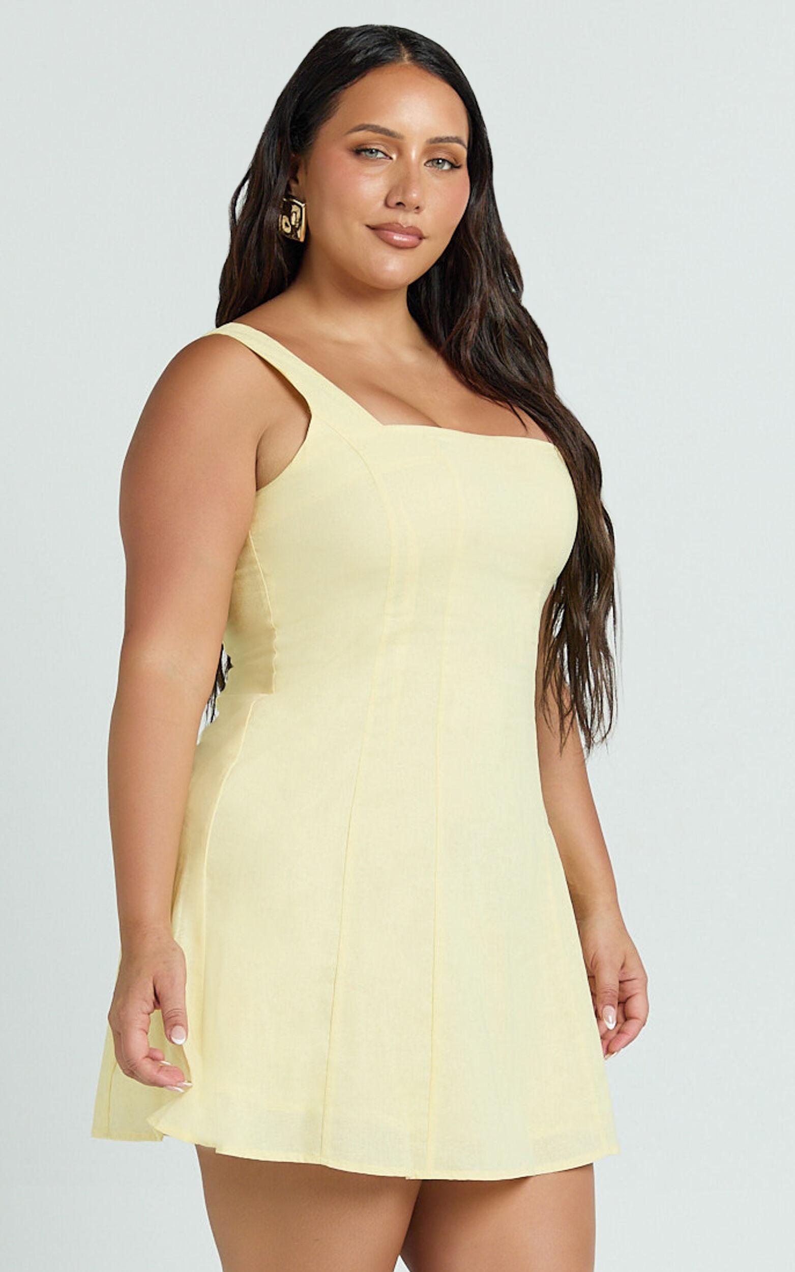 Adiana Mini Dress - Linen Square Neck Shirred Back A Line Dress in Lemon Product Image