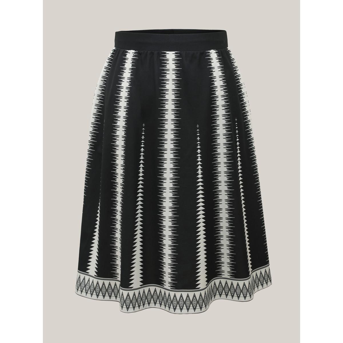Plus Size Geometric Pattern Flared Midi Skirt Women Black Elegant Contrast Low stretch Side seam pocket Everyday Skirts BloomChic 26/4X Product Image