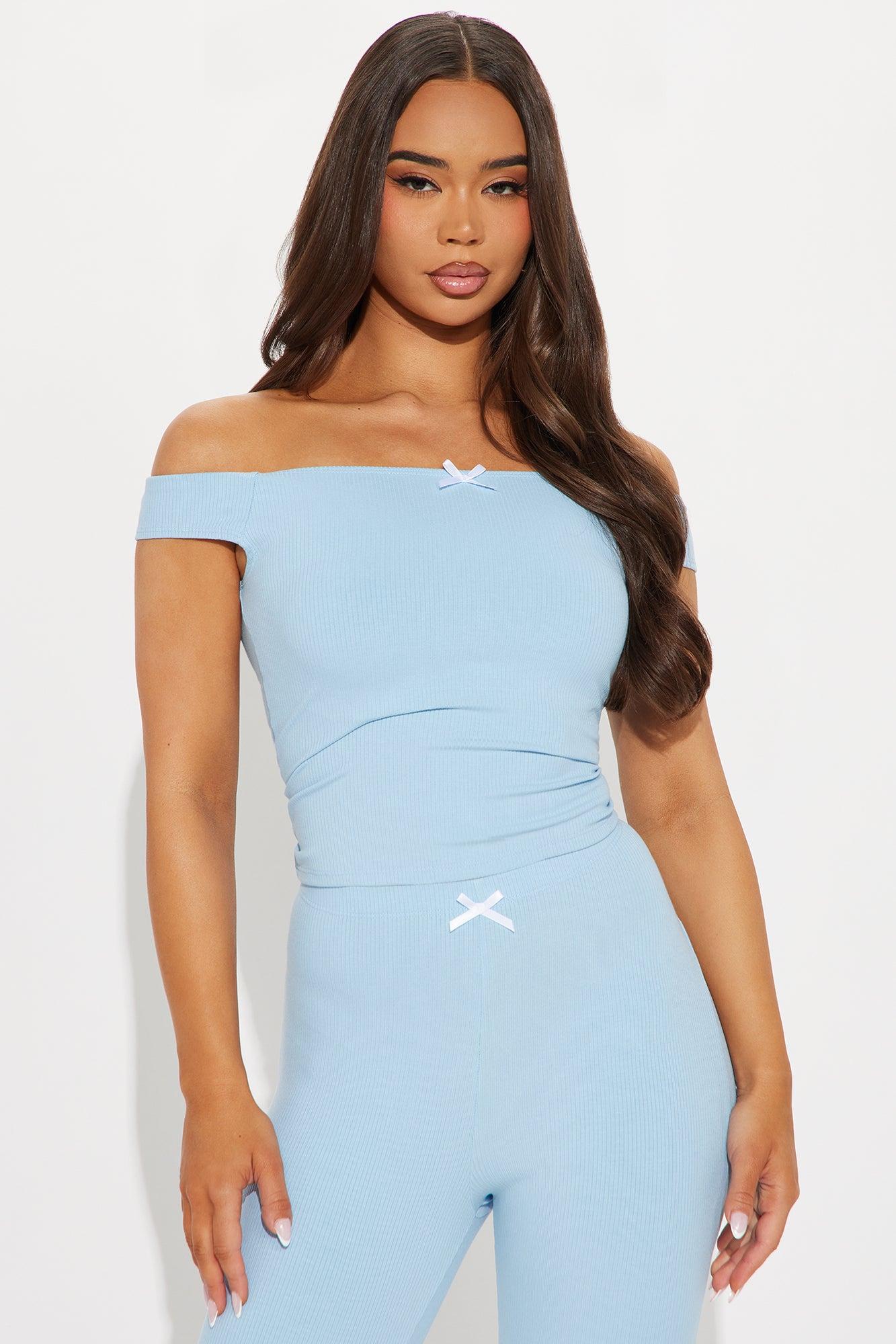 Clara Off Shoulder Ribbed Capri Set - Light Blue Product Image