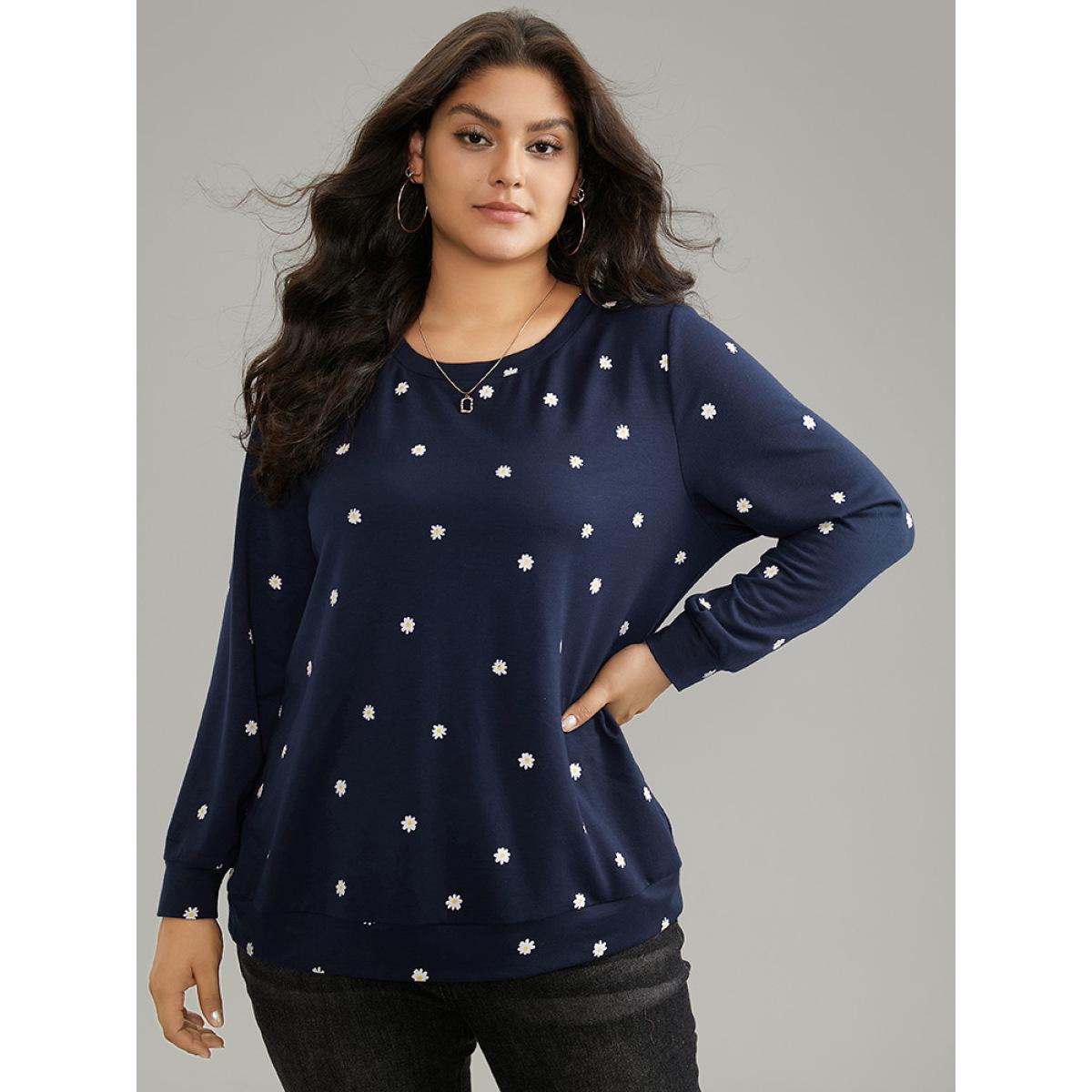 Plus Size Small Daisy Print Crew Neck Sweatshirt Women Indigo Casual Printed Round Neck Dailywear Sweatshirts BloomChic 22-24/3X Product Image