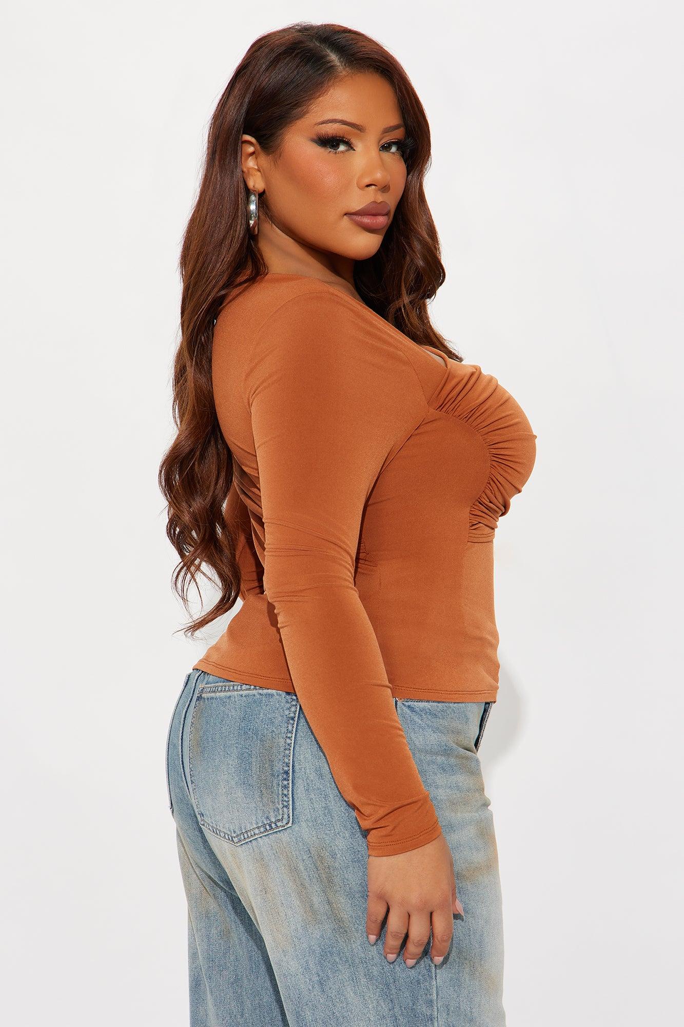 Modern Art Long Sleeve Ruched Top - Camel Female Product Image