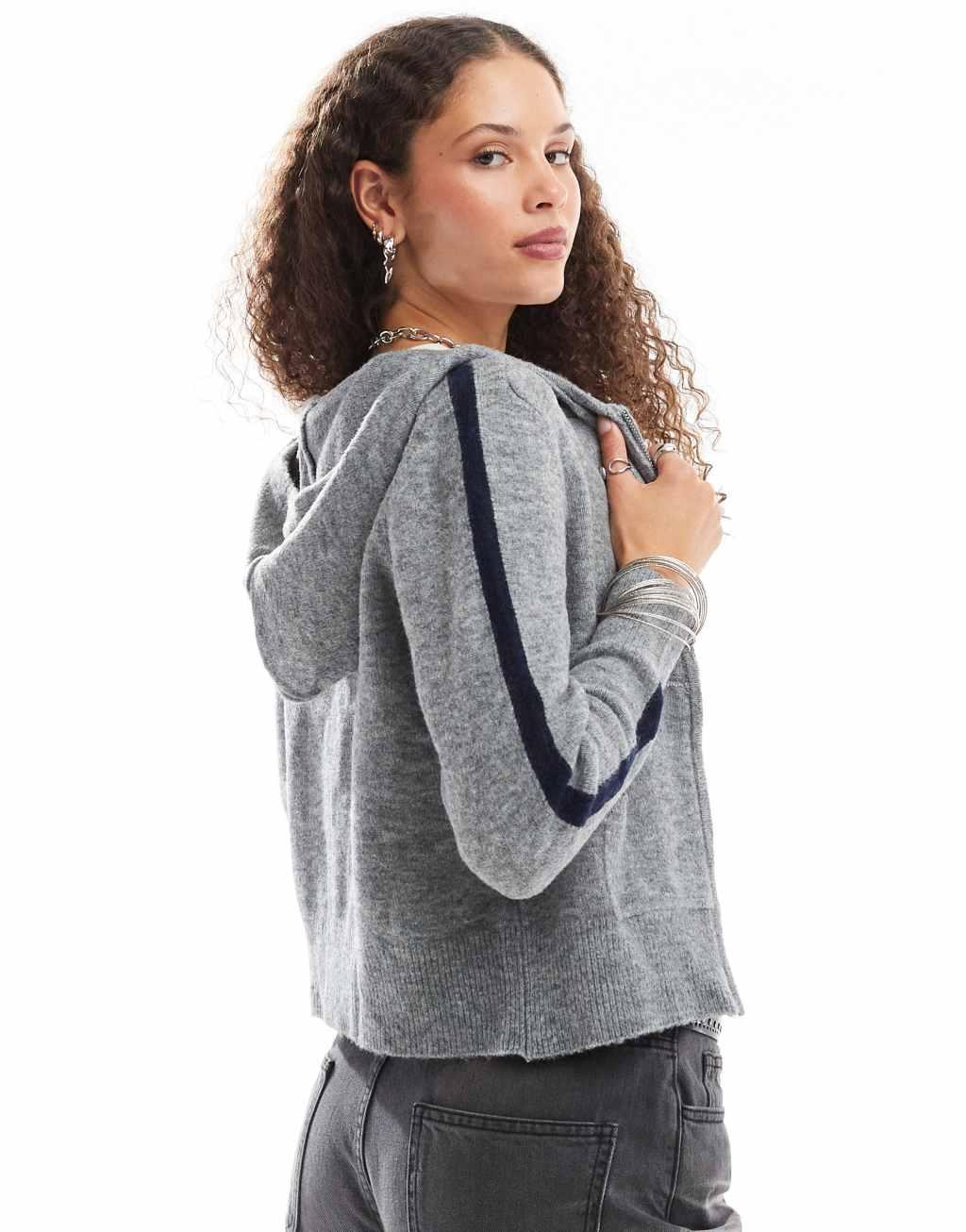 Daisy Street gray 90s zip up fitted hoodie with navy side stripes Product Image