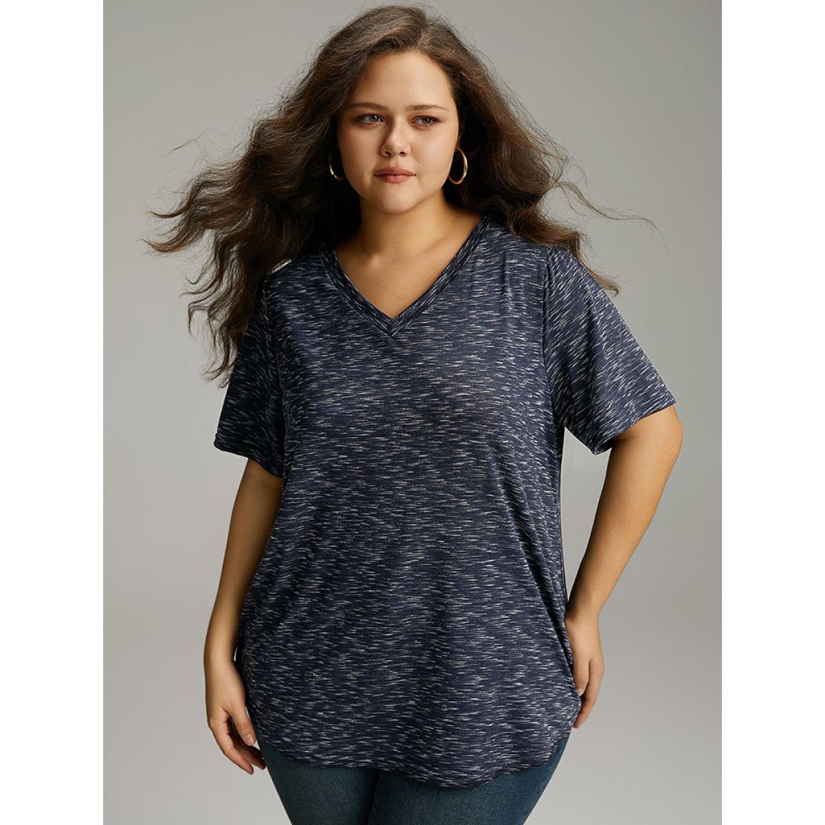 Plus Size Heather Split Side Basic T-shirt Indigo Women Casual Texture Plain V-neck Dailywear T-shirts BloomChic 26/4X Product Image
