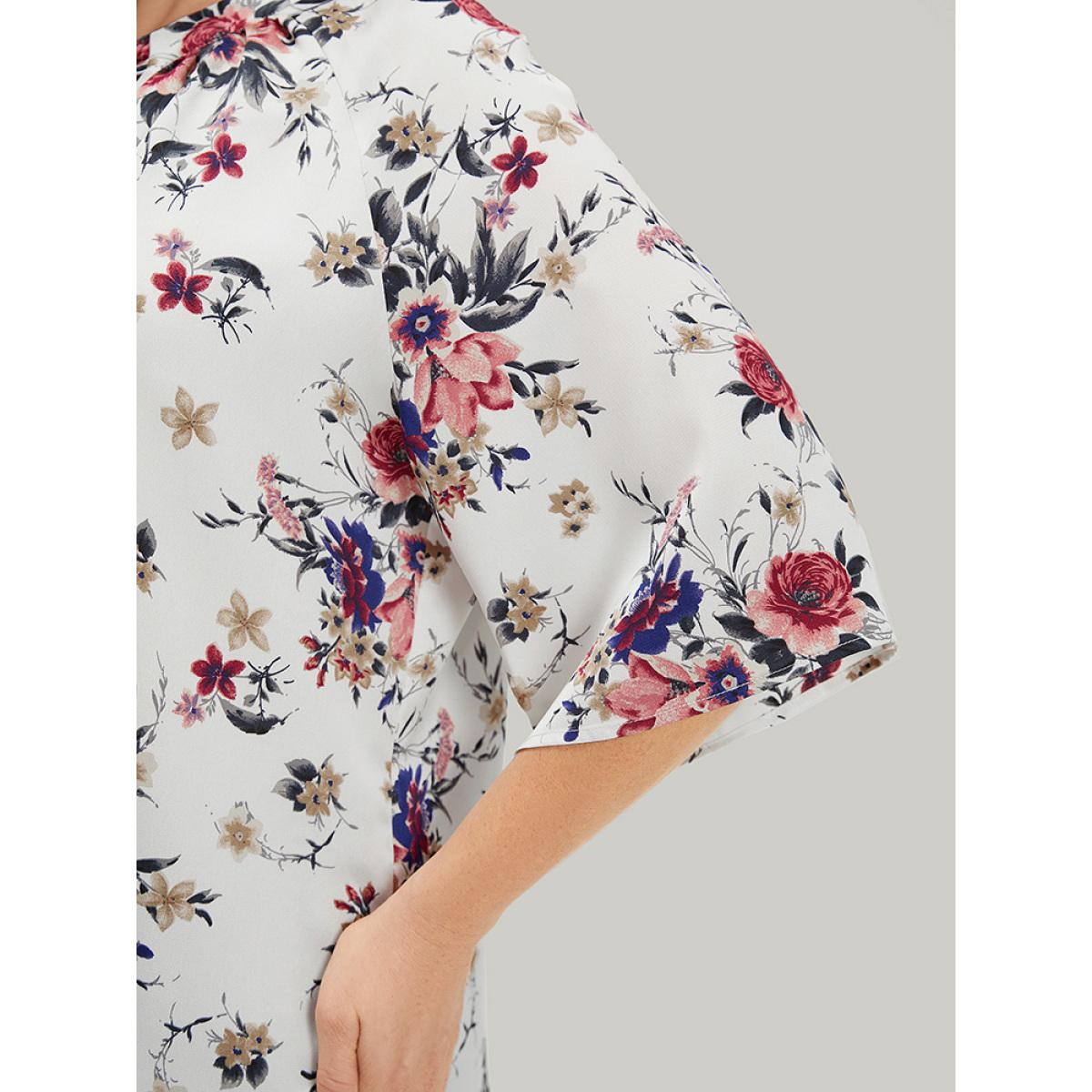 Plus Size Multicolor Floral Print Knot Neck Half Sleeve Blouse Women Elegant Half Sleeve Tie Neck Dailywear Blouses BloomChic 18-20/2X Product Image