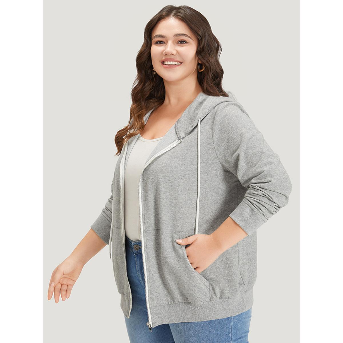 Plus Size Hooded Zipper Fly Ties Pocket Sweatshirt Women Gray Casual Elastic cuffs Hooded Dailywear Sweatshirts BloomChic 26/4X Product Image
