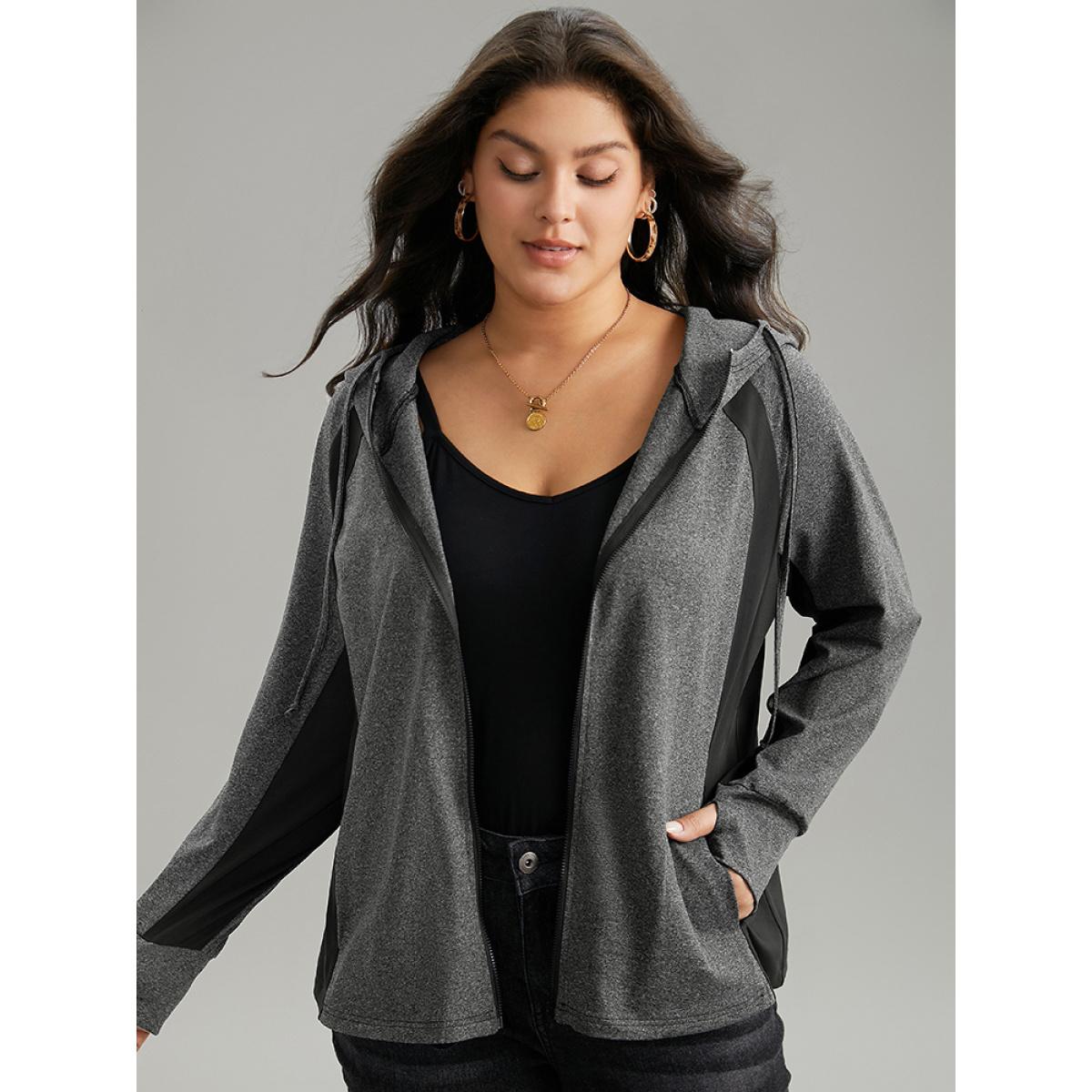 Plus Size Contrast Drawstring Zipper Hooded Jacket Women DimGray Contrast Pocket Dailywear Jackets BloomChic 30/6X Product Image