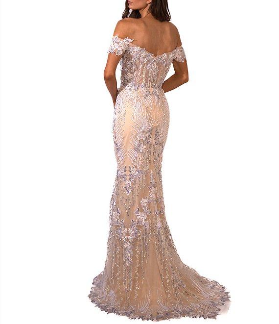 Terani Couture Embroidered Sequin Off-The-Shoulder Neck Short Sleeve Gown Product Image