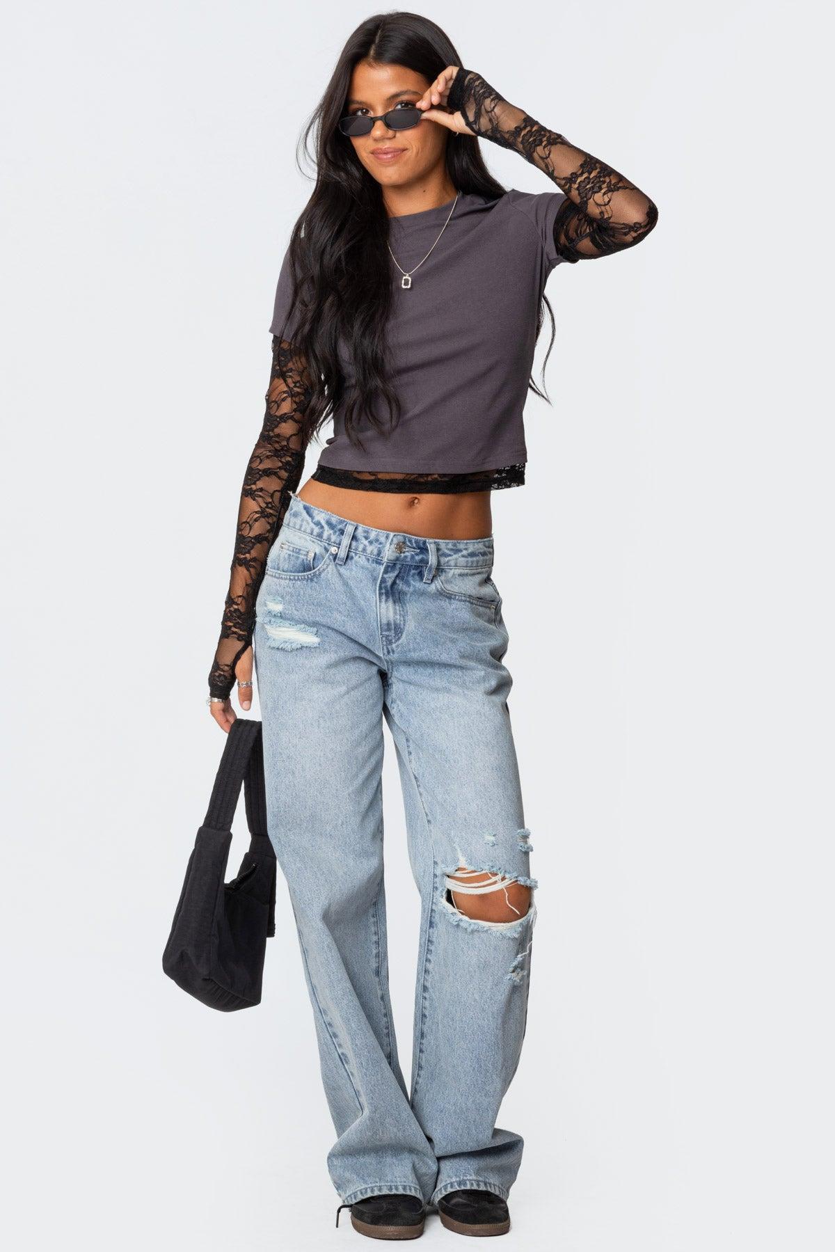 Layered Lace Sleeve T Shirt Product Image