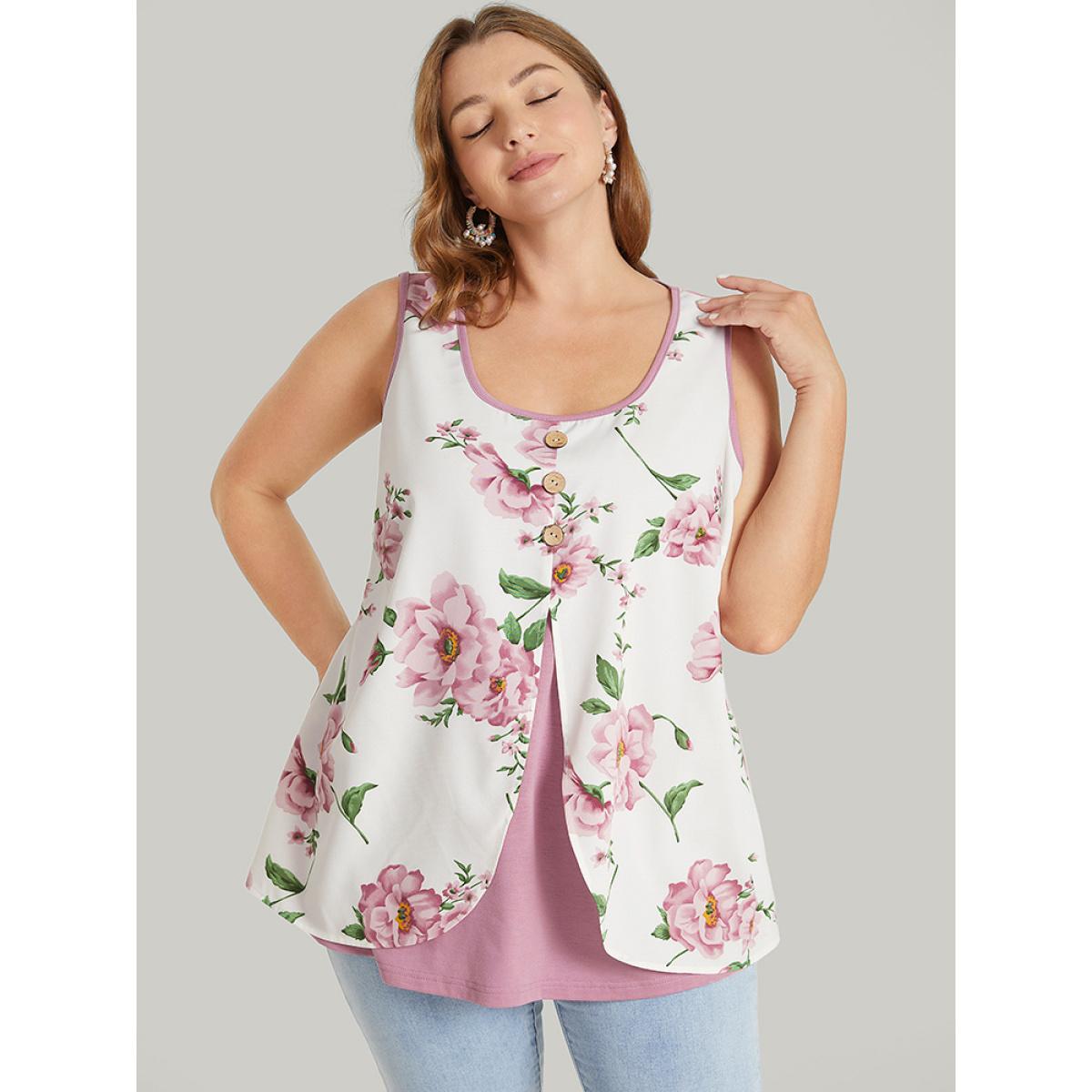 Plus Size Floral Split Front Button Detail 2-In-1 Tank Top Women Rouge Elegant Button Round Neck Dailywear Tank Tops Camis BloomChic 10/M Product Image