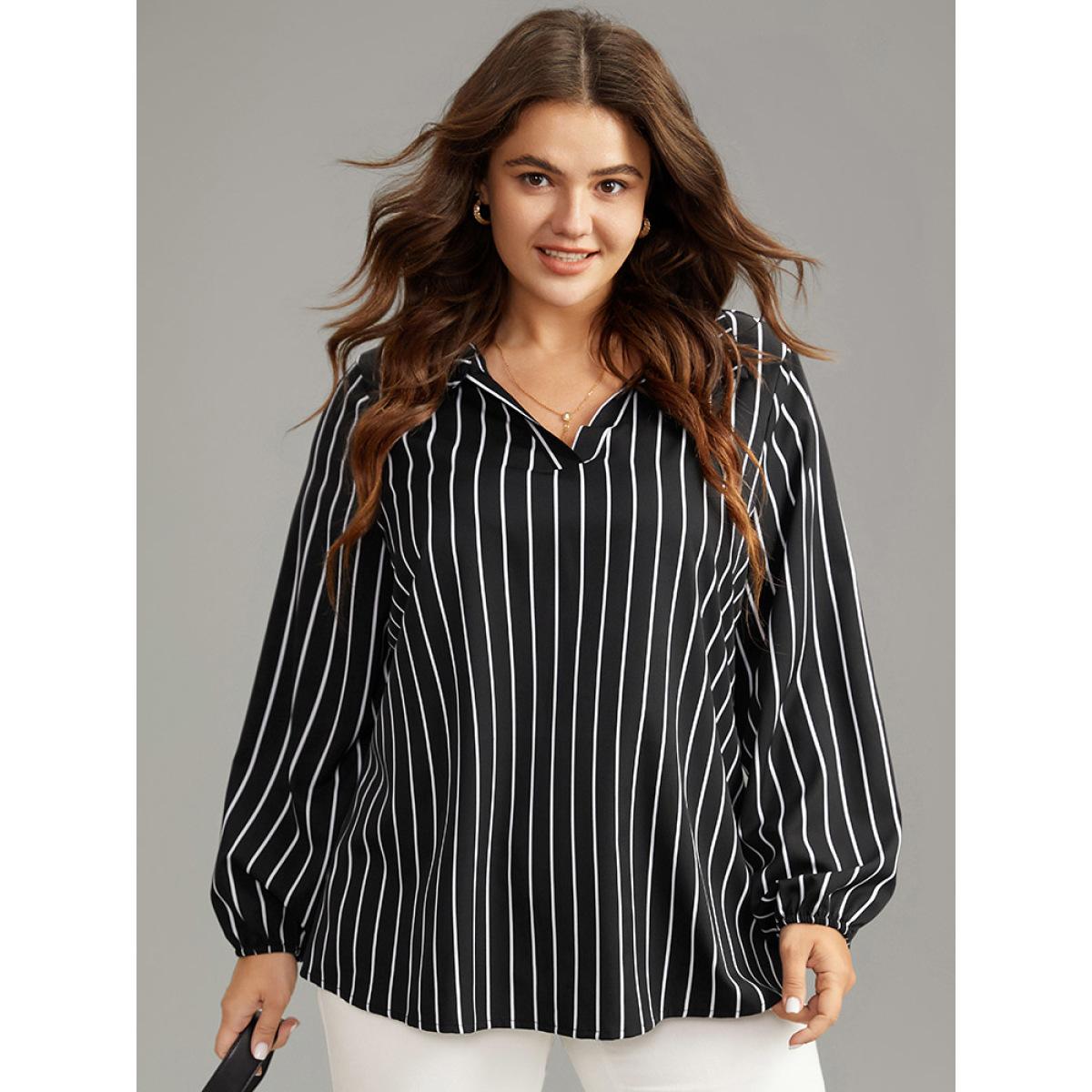Plus Size Black Striped Shirt Collar Lantern Sleeve Blouse Women Office Long Sleeve Shirt collar Office Blouses BloomChic 30/6X Product Image