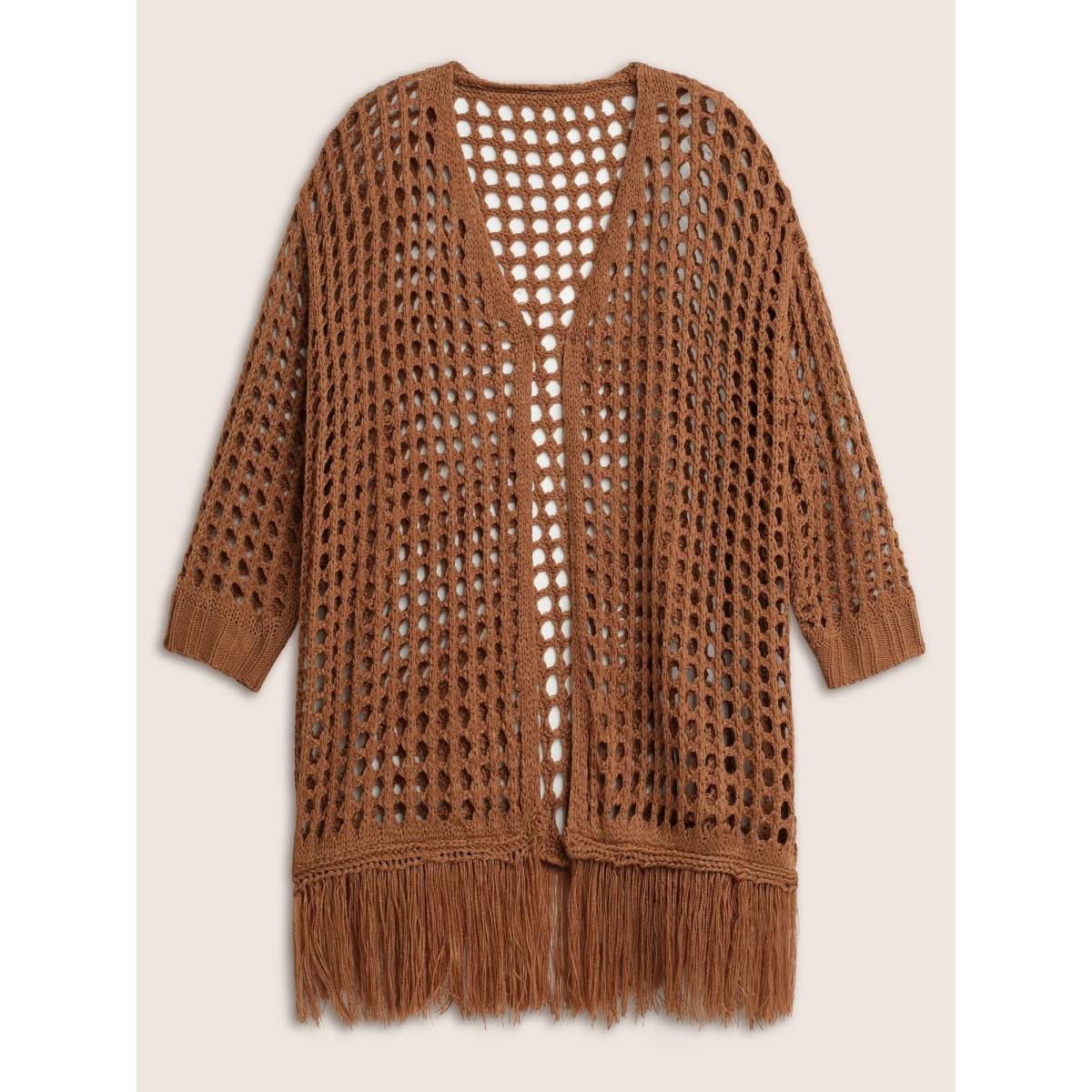 Plus Size Solid Cut Out Fringe Hem Swim Cover Up Women's Swimwear Chocolate Beach Tassels Curve Swim Cover Ups BloomChic 18-20/2X Product Image