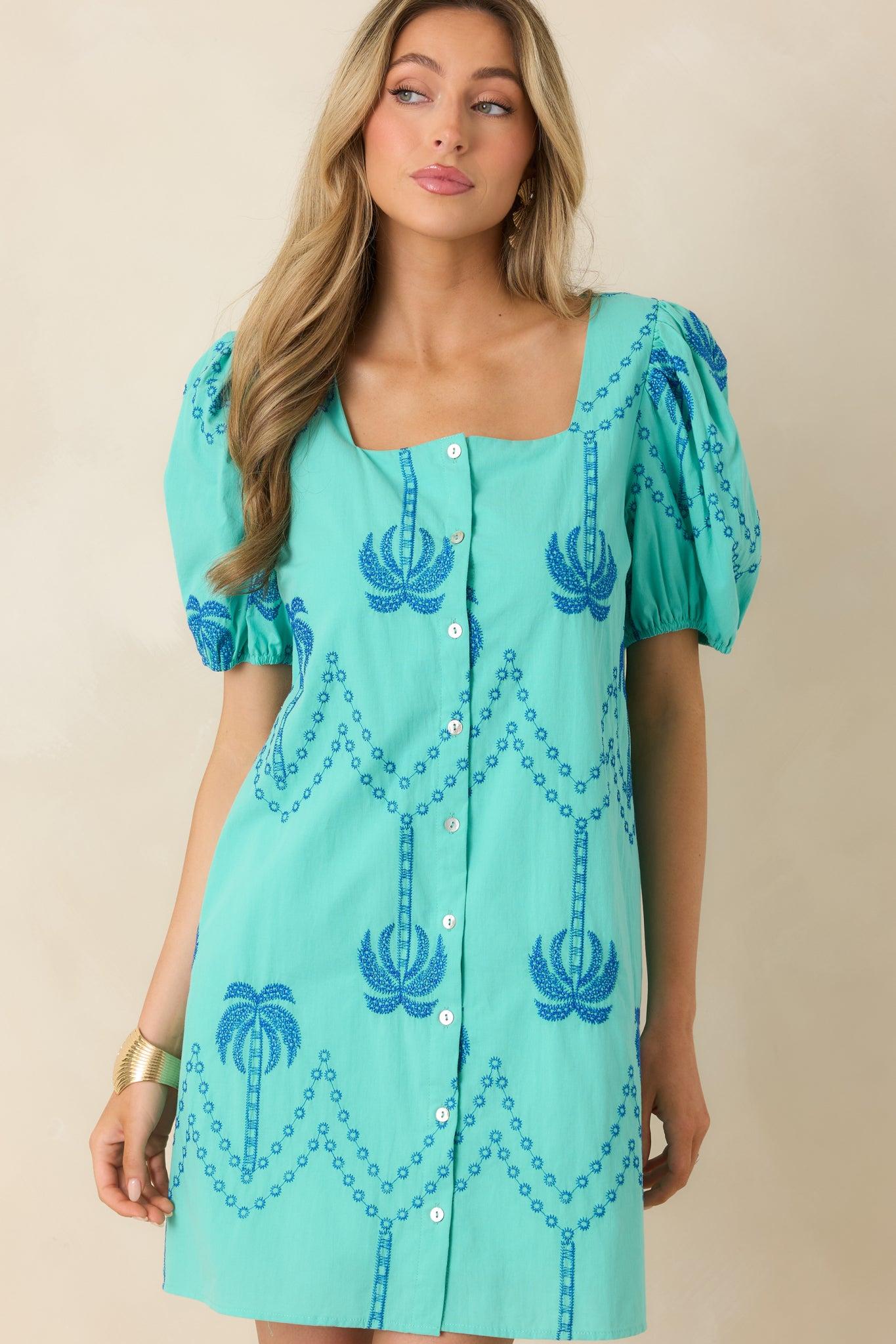 Coastal Rhythm Teal Palm Embroidered Cotton Puff Sleeve Mini Dress Product Image