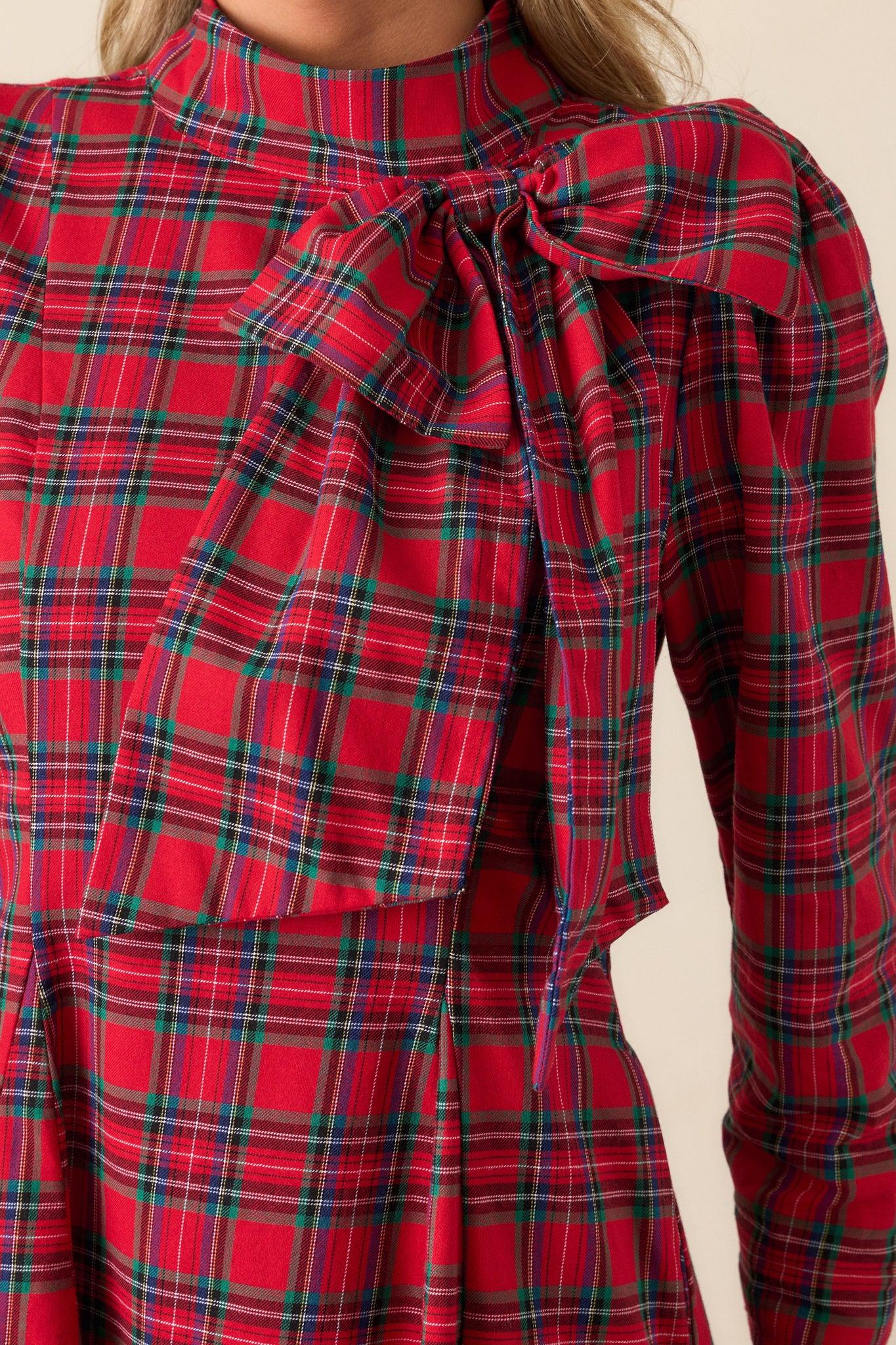 A Perfect Balance Cotton Red Plaid Bow Mini Dress Product Image