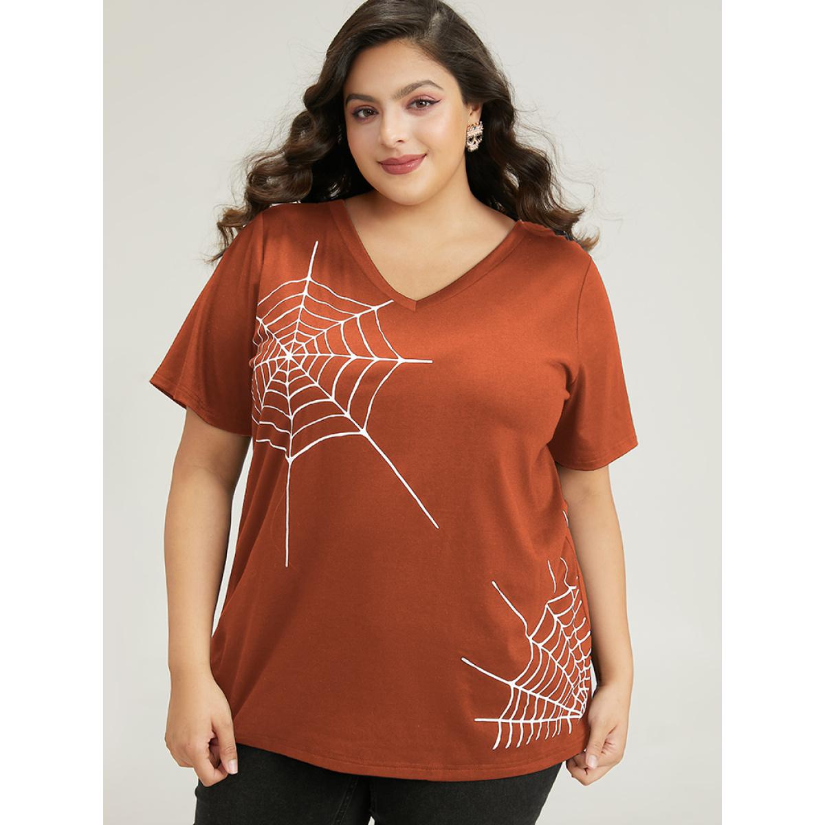 Plus Size Halloween Spider Web Print V Neck T-shirt Chocolate Women Casual Printed Halloween V-neck Festival-Halloween T-shirts BloomChic 30/6X Product Image