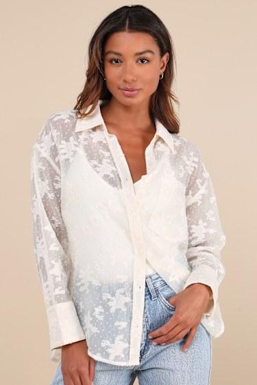 Composed Concept Ivory Burnout Clip Dot Oversized Button-Up Top Product Image