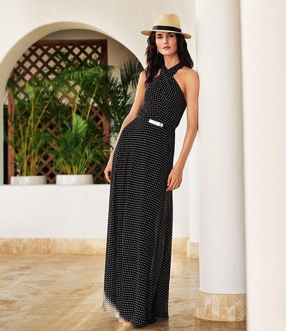 Lauren Ralph Lauren Georgette Dotted Print Halter Neck Sleeveless Belted A-Line Gown Product Image