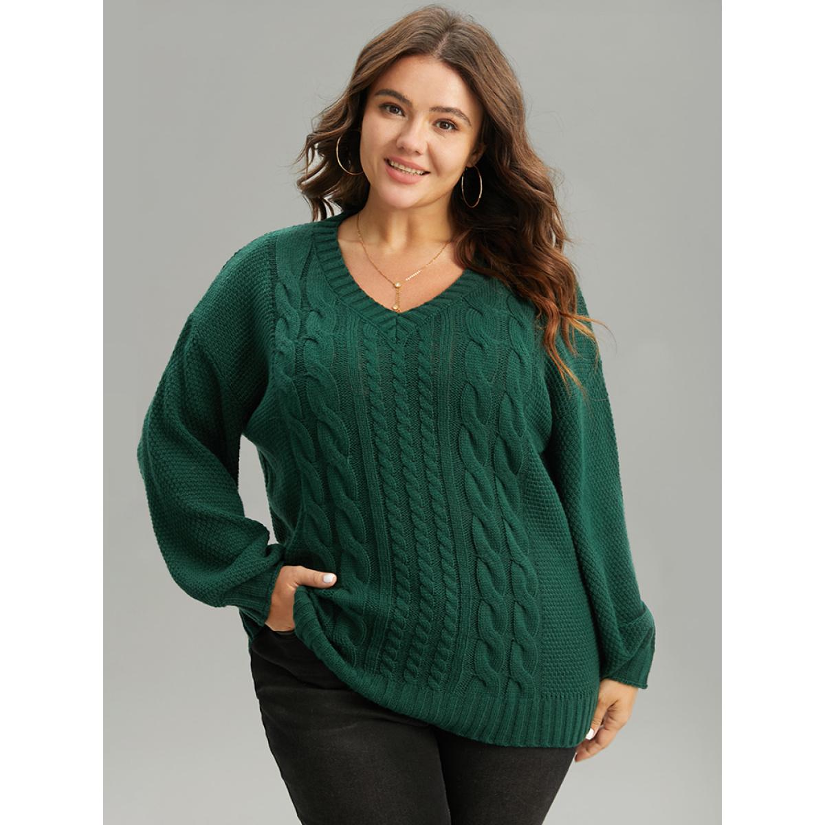 Plus Size Solid Cable Knit V Neck Elastic Cuffs Pullover DarkGreen Women Casual Loose Long Sleeve V-neck Everyday Pullovers BloomChic 22-24/3X Product Image