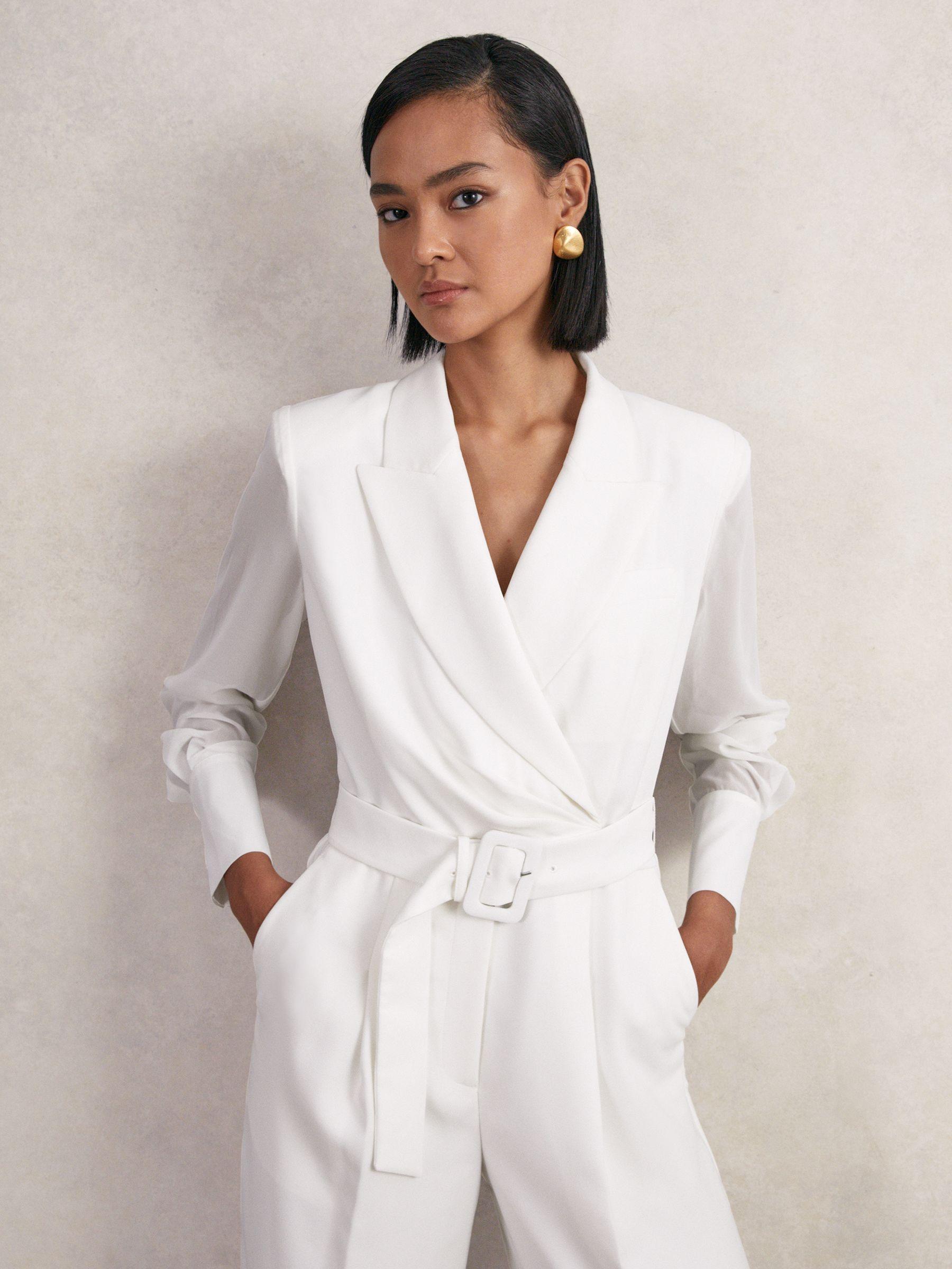 Sheer-Sleeve Wide-Leg Tuxedo Jumpsuit in Ivory Product Image