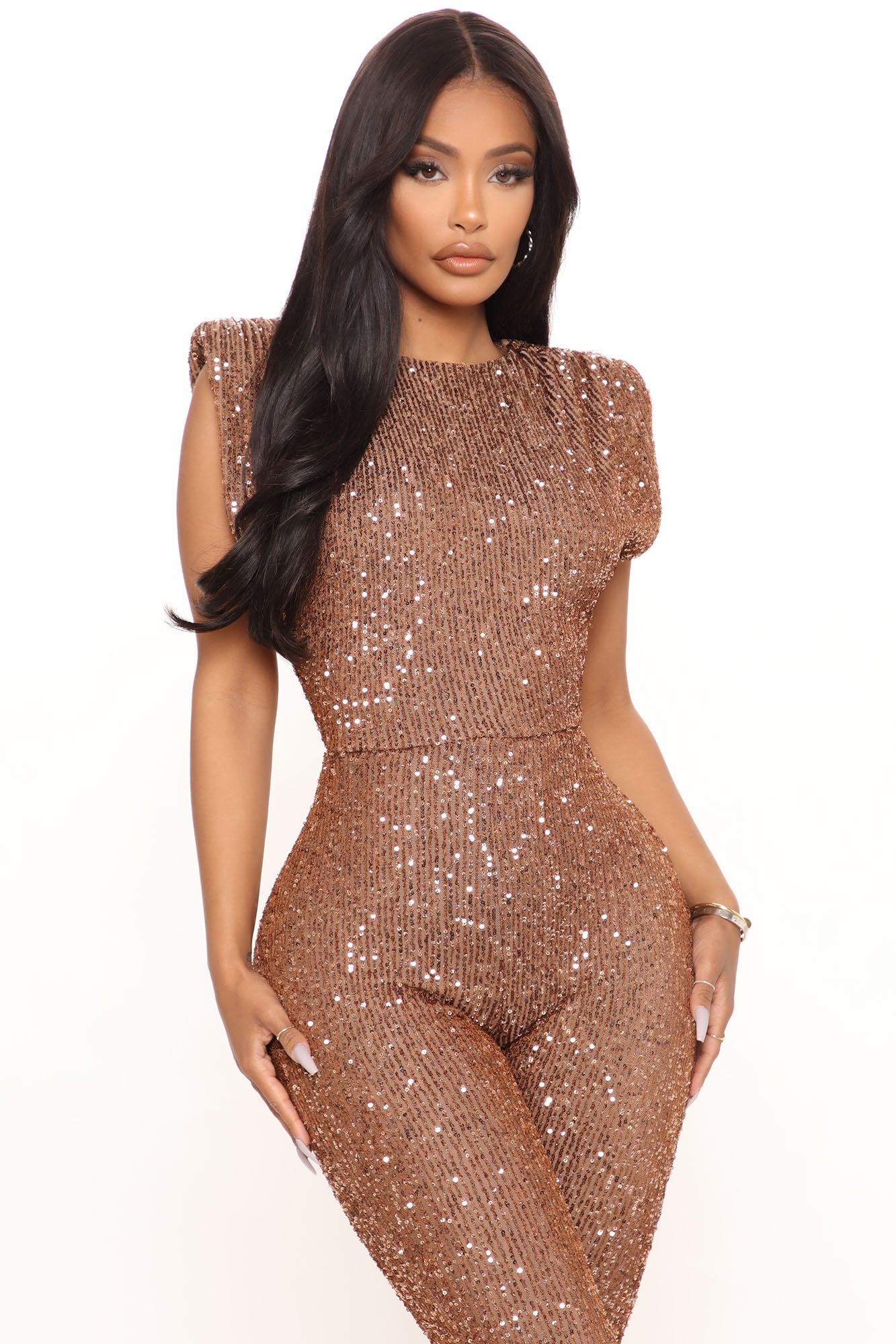 Sparkle And Snatched Shoulder Pad Jumpsuit - Chocolate Product Image