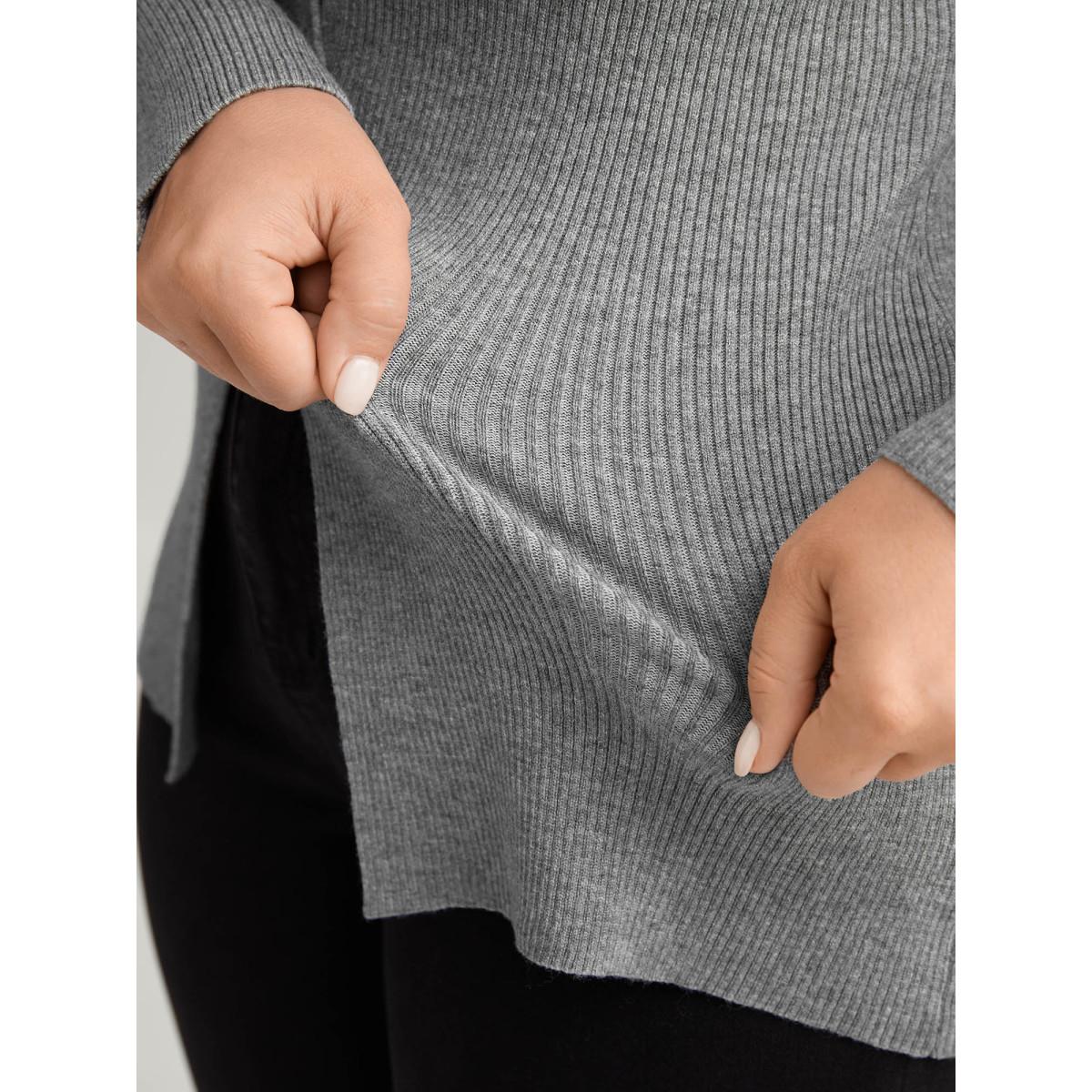 Plus Size Supersoft Stretchy Cable Knit Slit Front Fitted Pullover DarkGray Women Leisure Skinny Long Sleeve V-neck Casual Pullovers BloomChic 30/6X Product Image