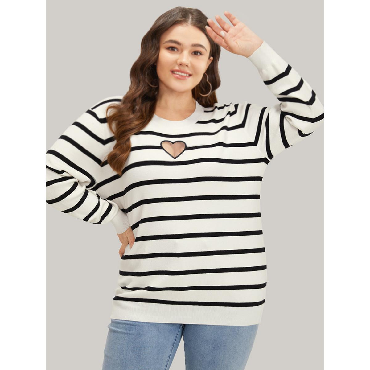 Plus Size Supersoft Essentials Striped Heart Keyhole Mesh Pullover Ivory Women Casual Loose Long Sleeve Round Neck Dailywear Pullovers BloomChic 26/4X Product Image